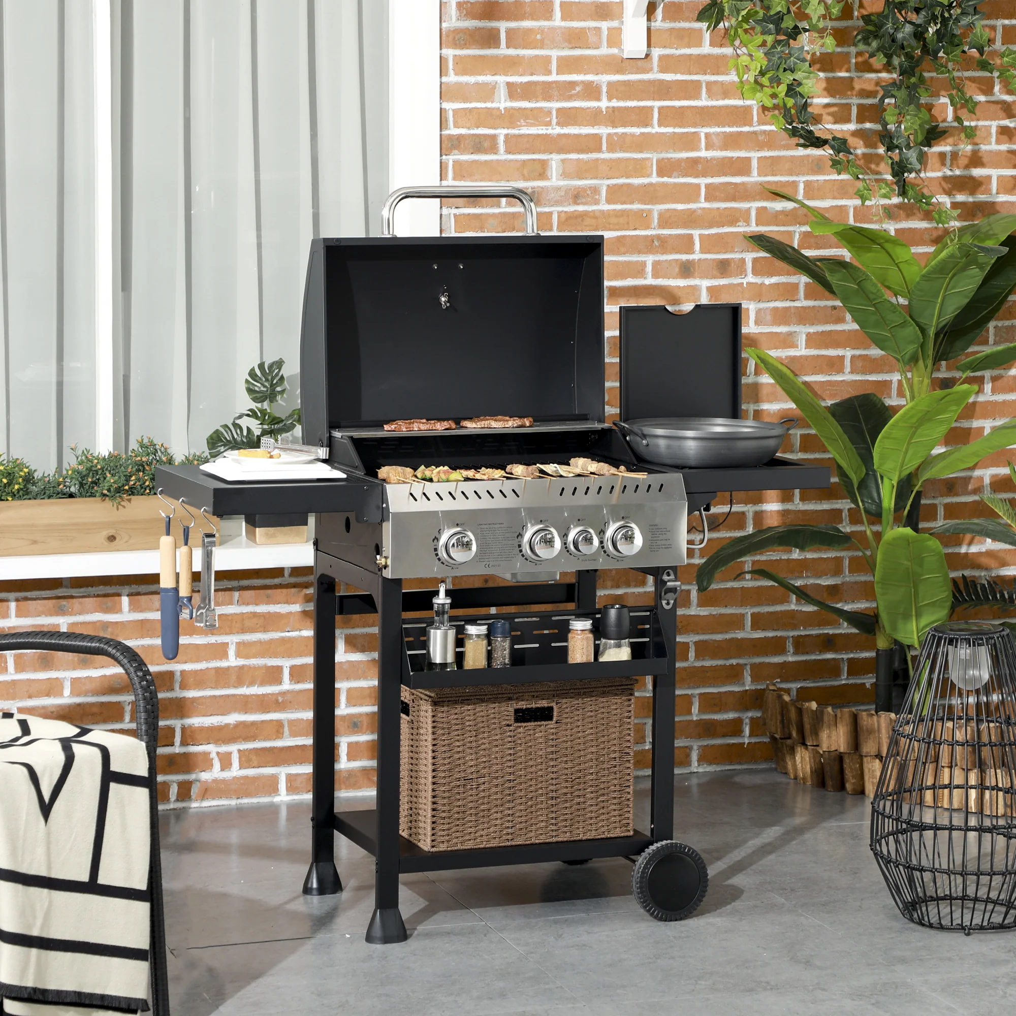 Outsunny 3+1 Burner Propane Gas Barbecue Grill with Thermometer, Bottle Opener - Image 2