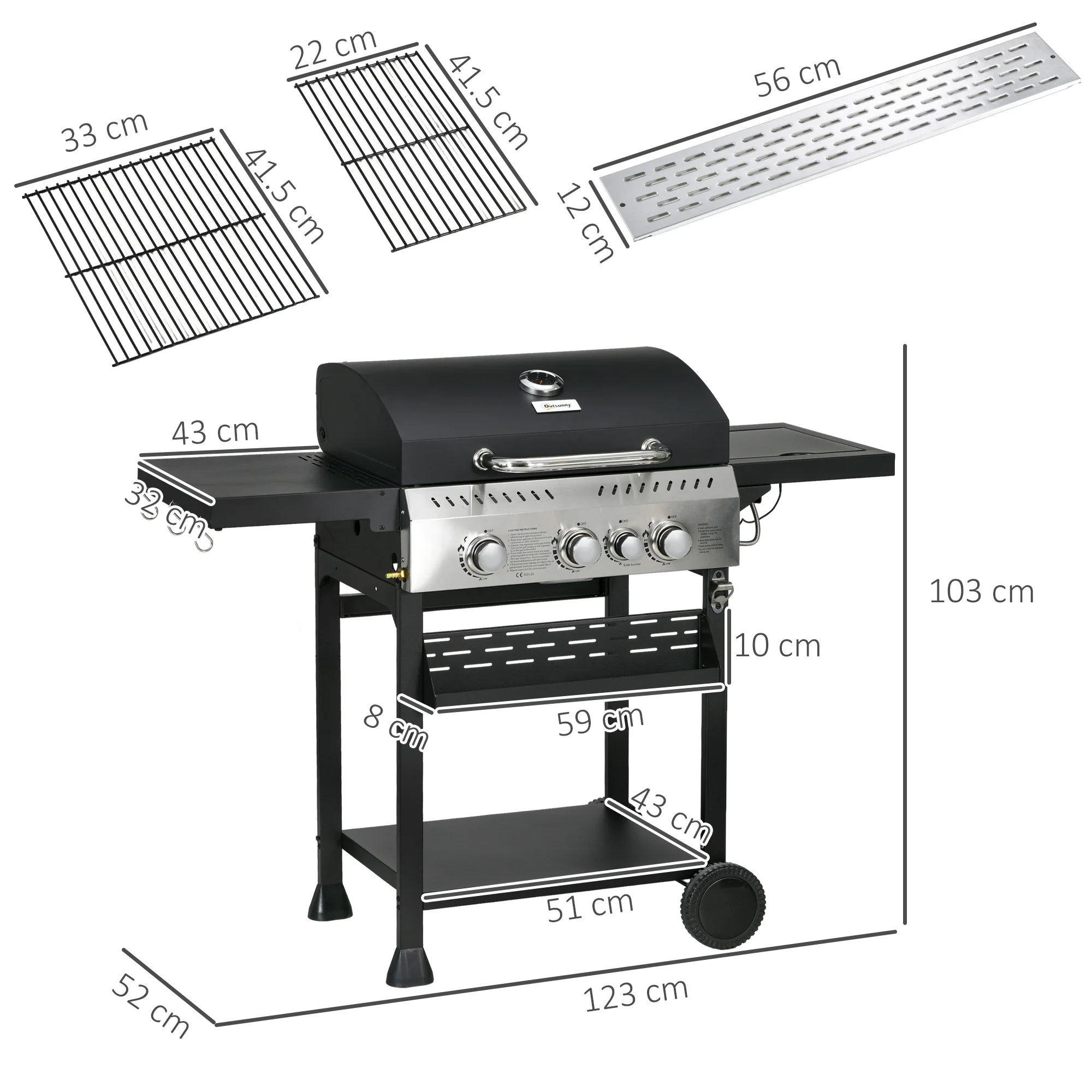 Outsunny 3+1 Burner Propane Gas Barbecue Grill with Thermometer, Bottle Opener - Image 5