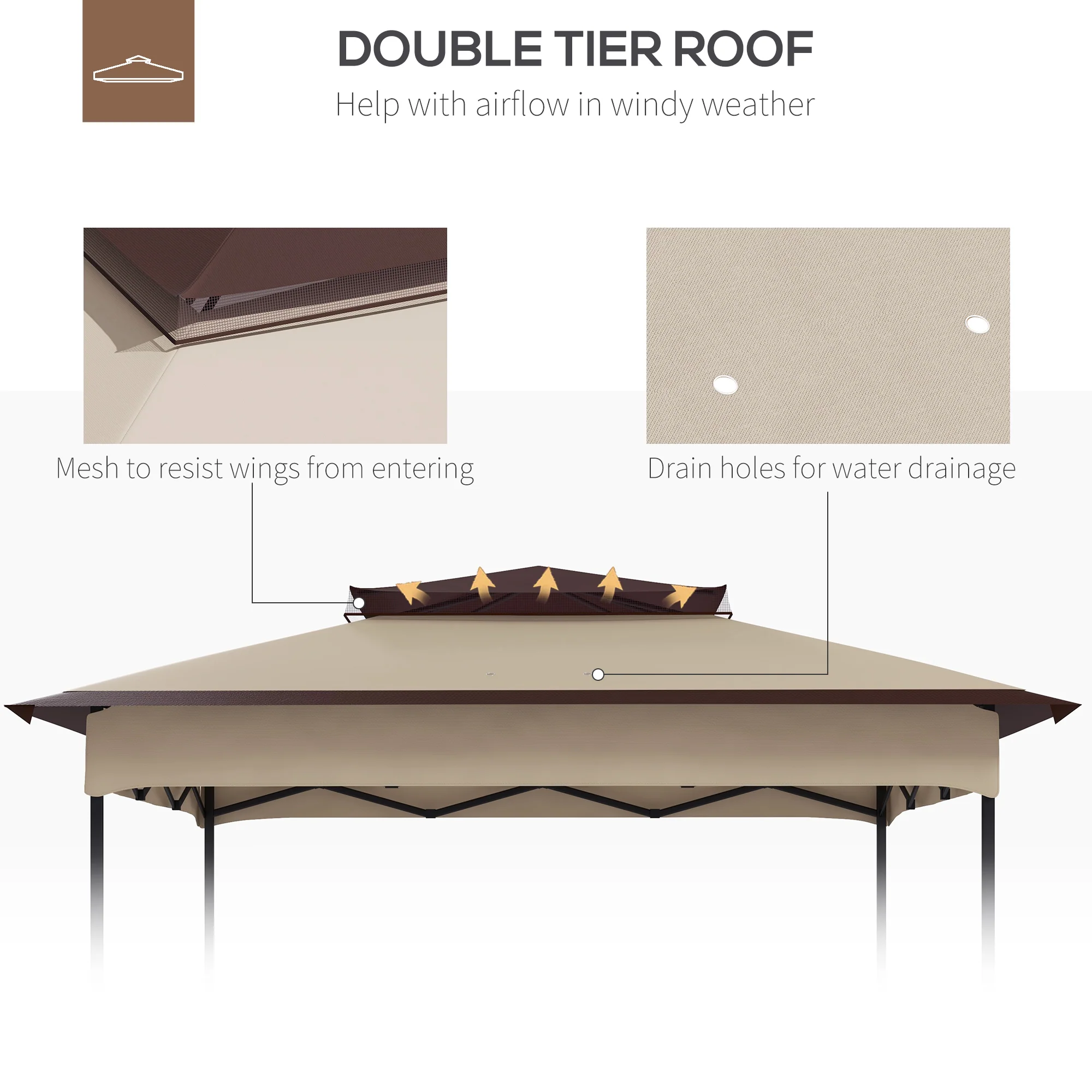 Outsunny 3.25mx3.25m 2-Tier Gazebo Cover Replacement, 30+ UV Protection, Beige - Image 4