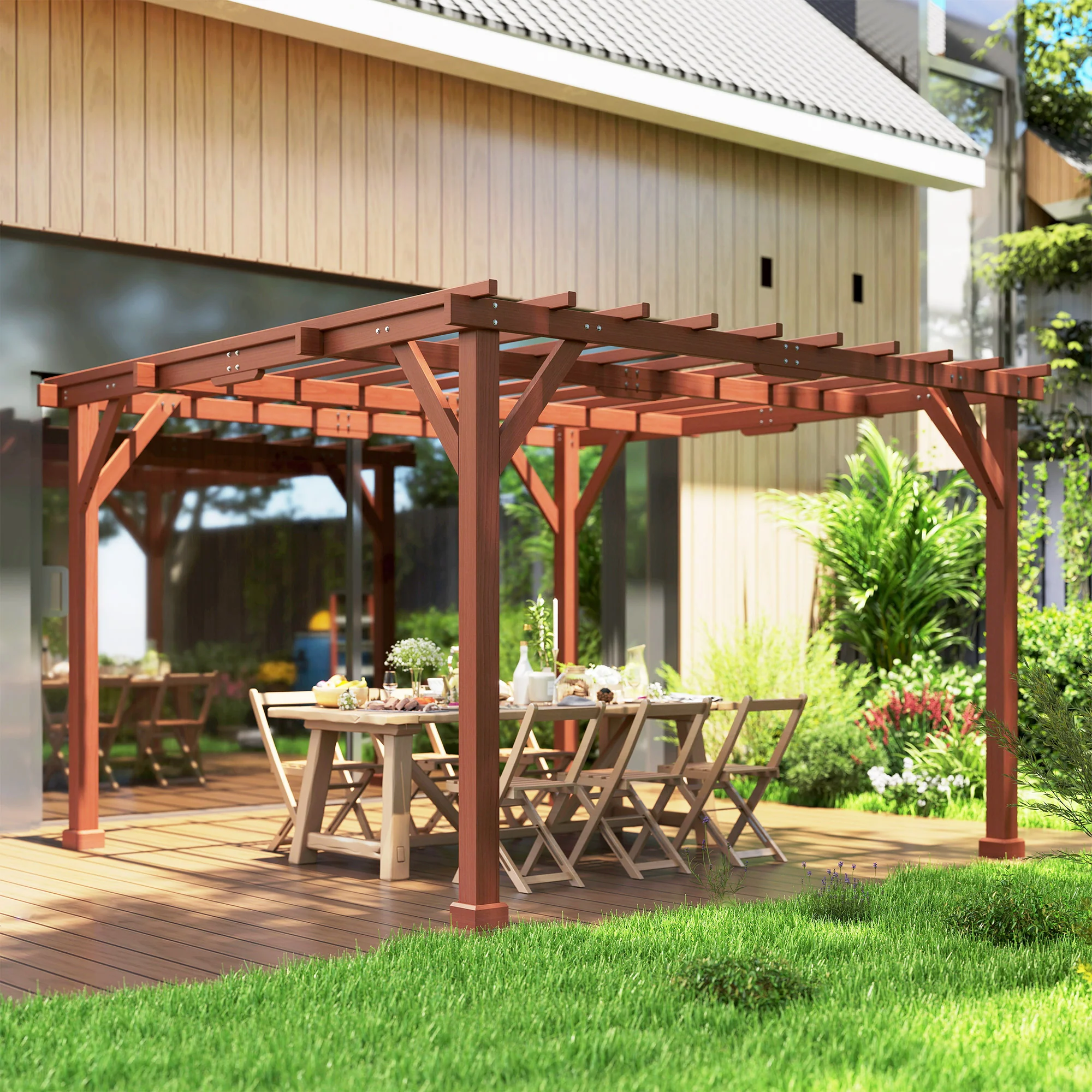 Outsunny 3.3 x 3.3(m) Wooden Pergola Kit, Graden Pergola Gazebo - Image 9