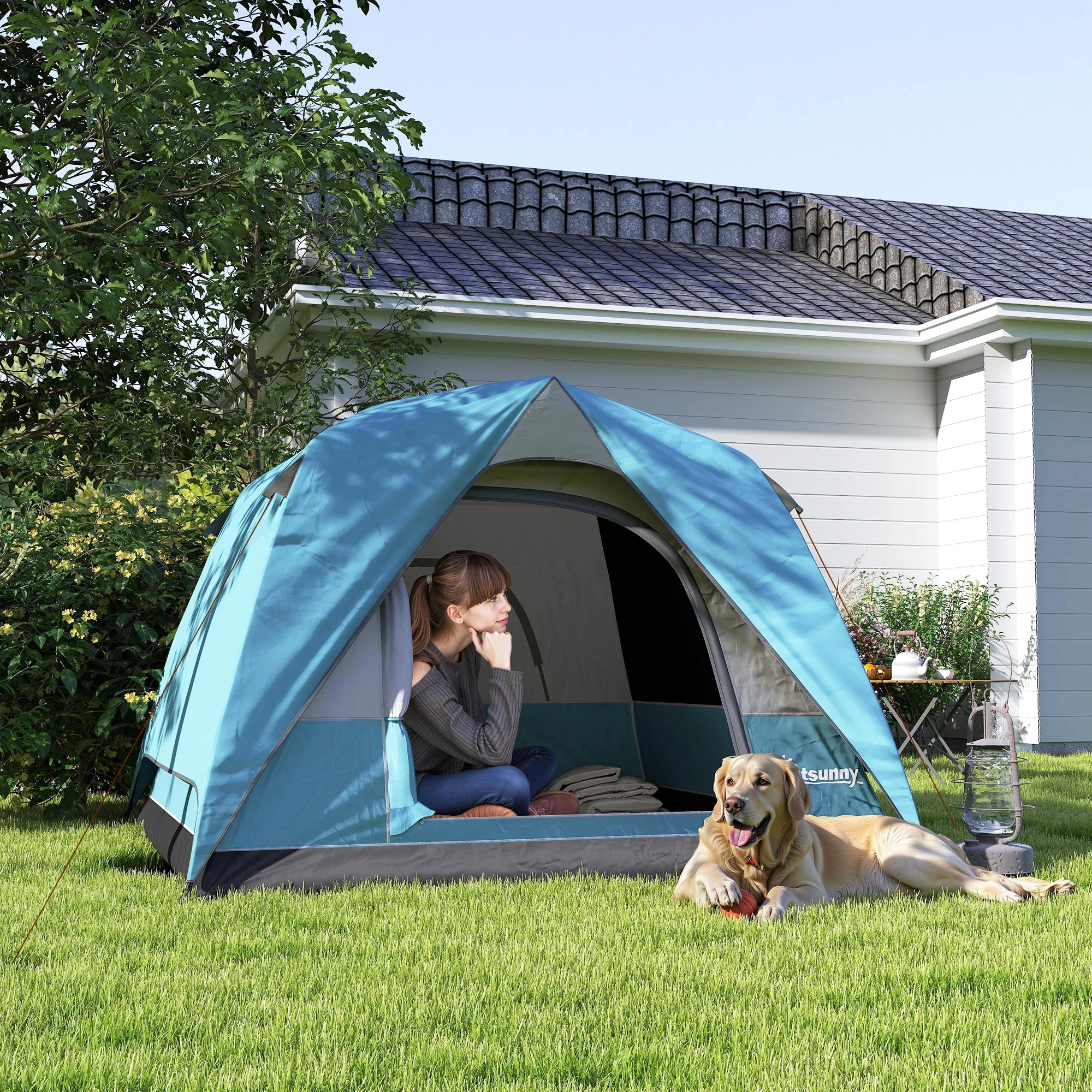 Outsunny 3-4 Person Camping Tent, Waterproof Tent - Blue/Green/Orange - Image 11