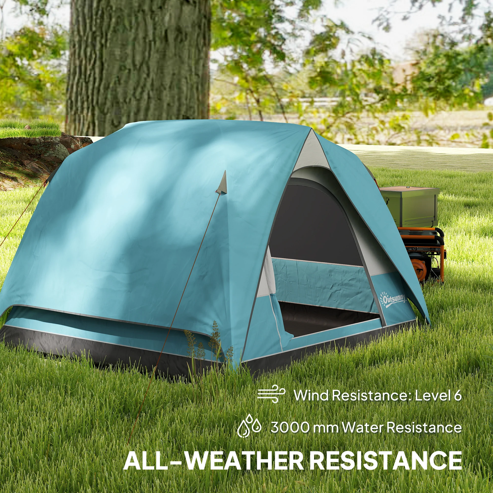 Outsunny 3-4 Person Camping Tent, Waterproof Tent - Blue/Green/Orange - Image 13