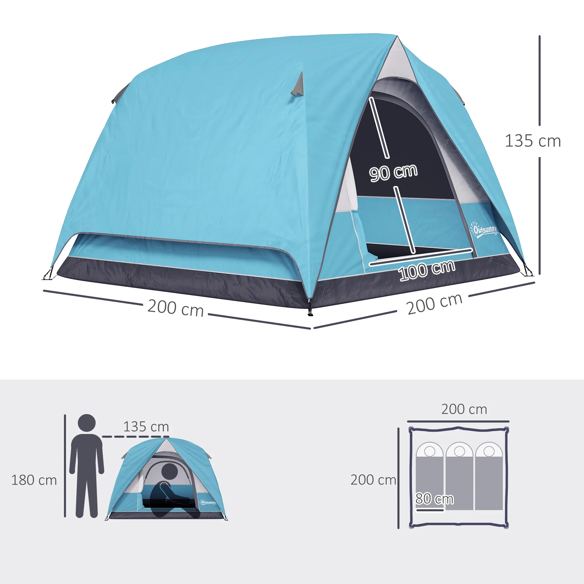 Outsunny 3-4 Person Camping Tent, Waterproof Tent - Blue/Green/Orange - Image 14