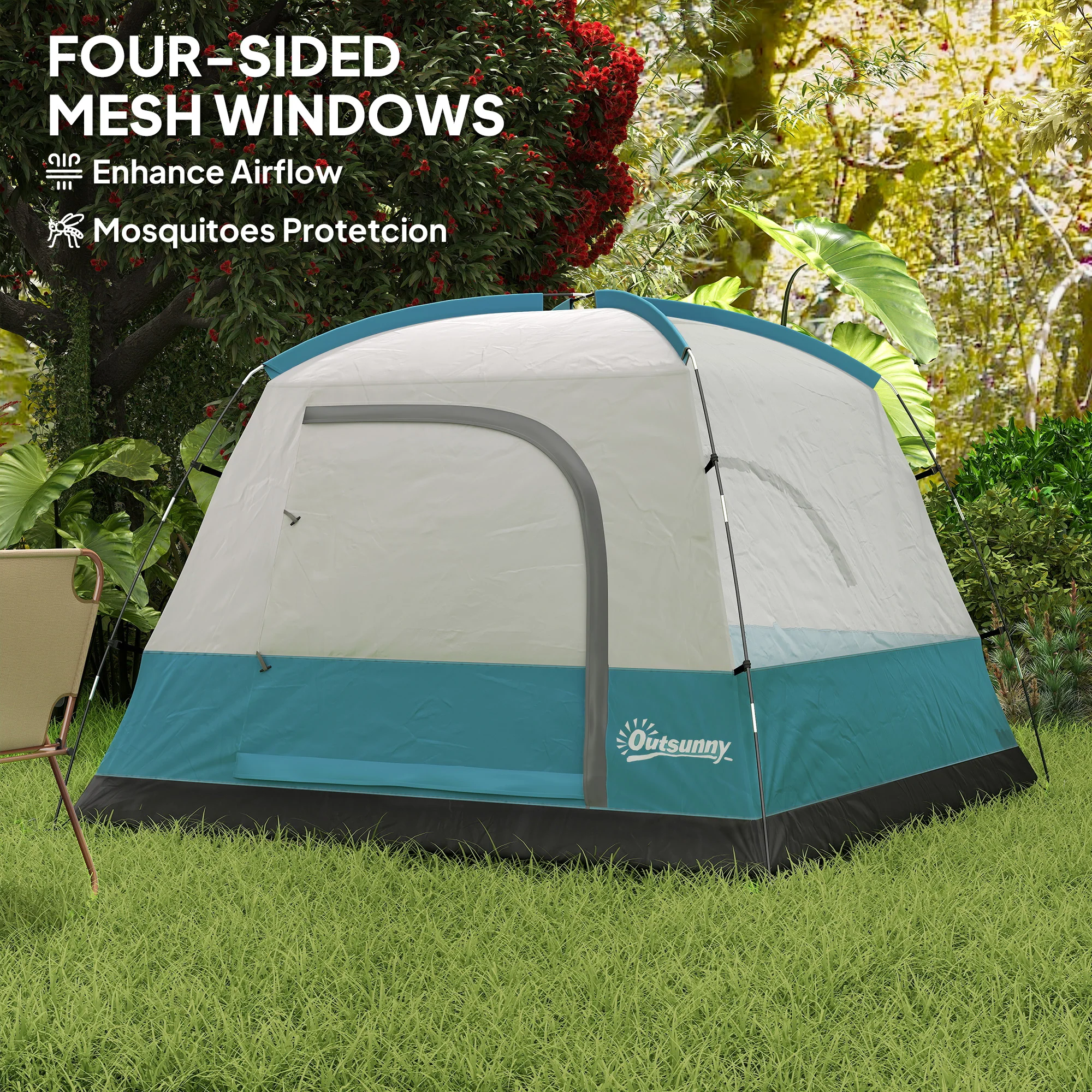 Outsunny 3-4 Person Camping Tent, Waterproof Tent - Blue/Green/Orange - Image 15