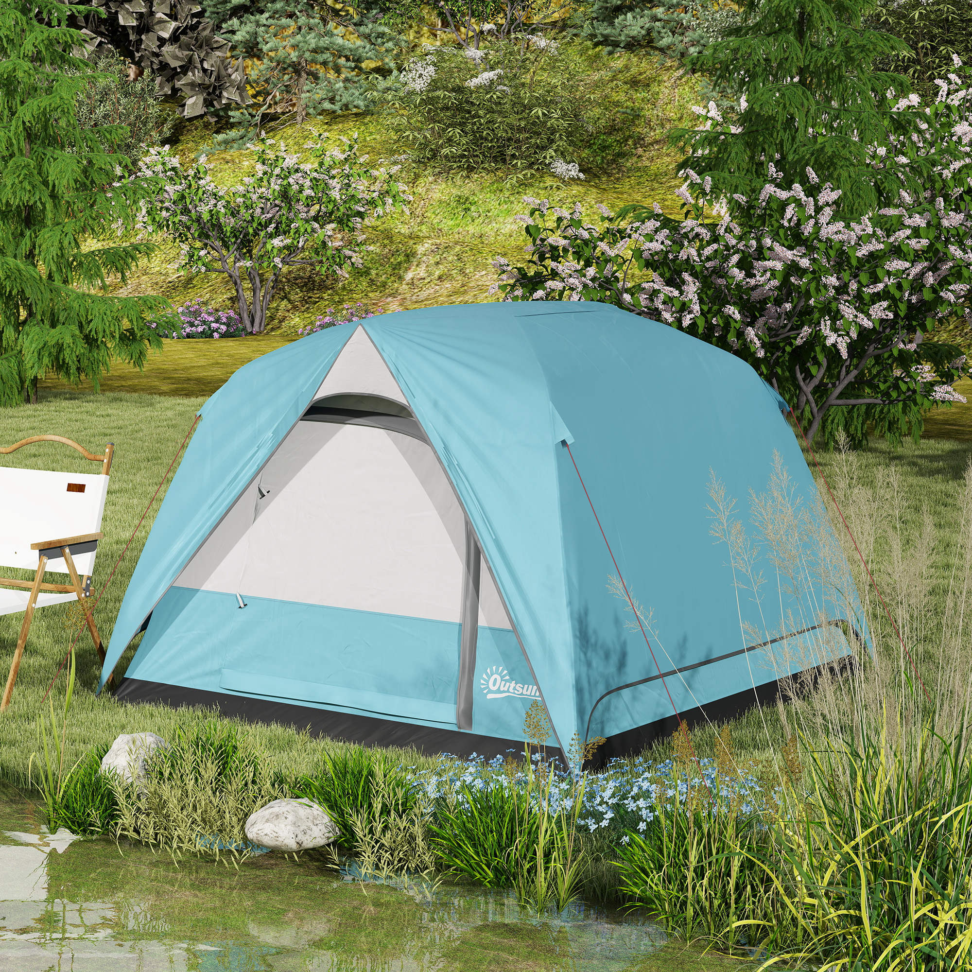Outsunny 3-4 Person Camping Tent, Waterproof Tent - Blue/Green/Orange - Image 18