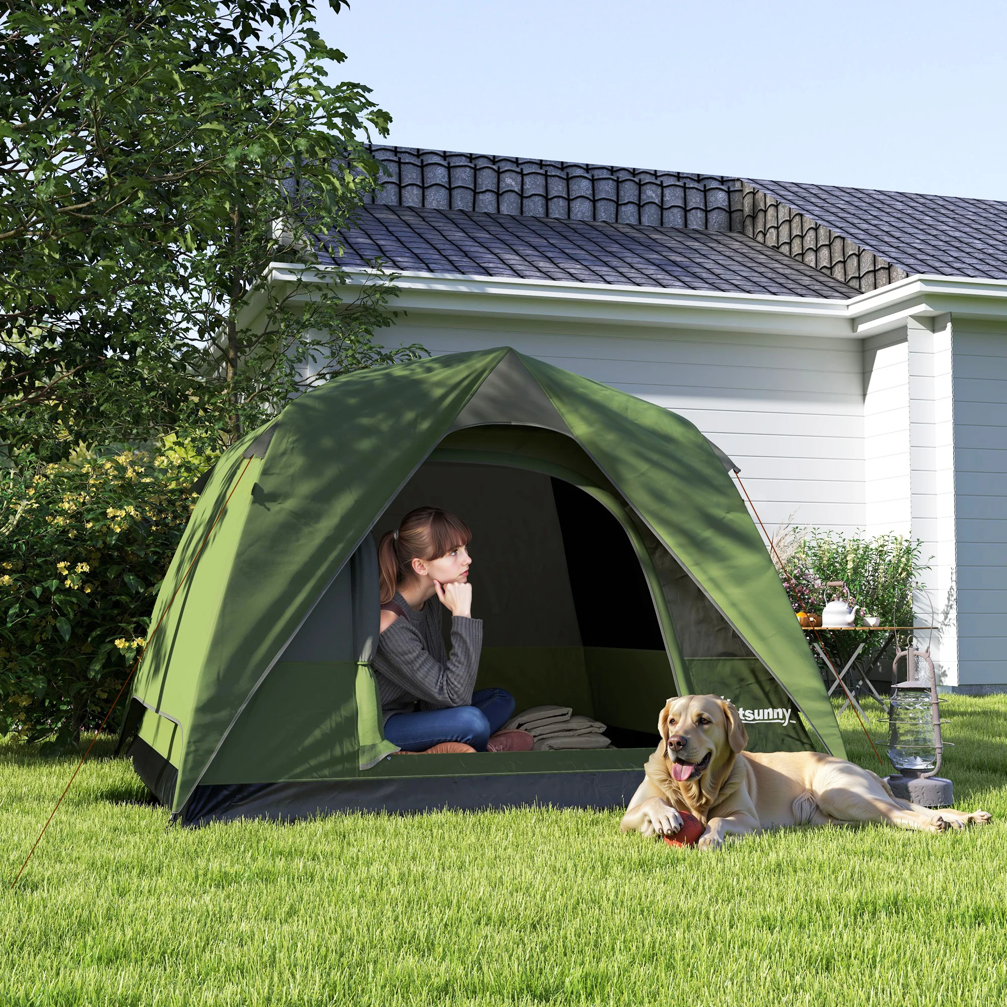 Outsunny 3-4 Person Camping Tent, Waterproof Tent - Blue/Green/Orange - Image 2