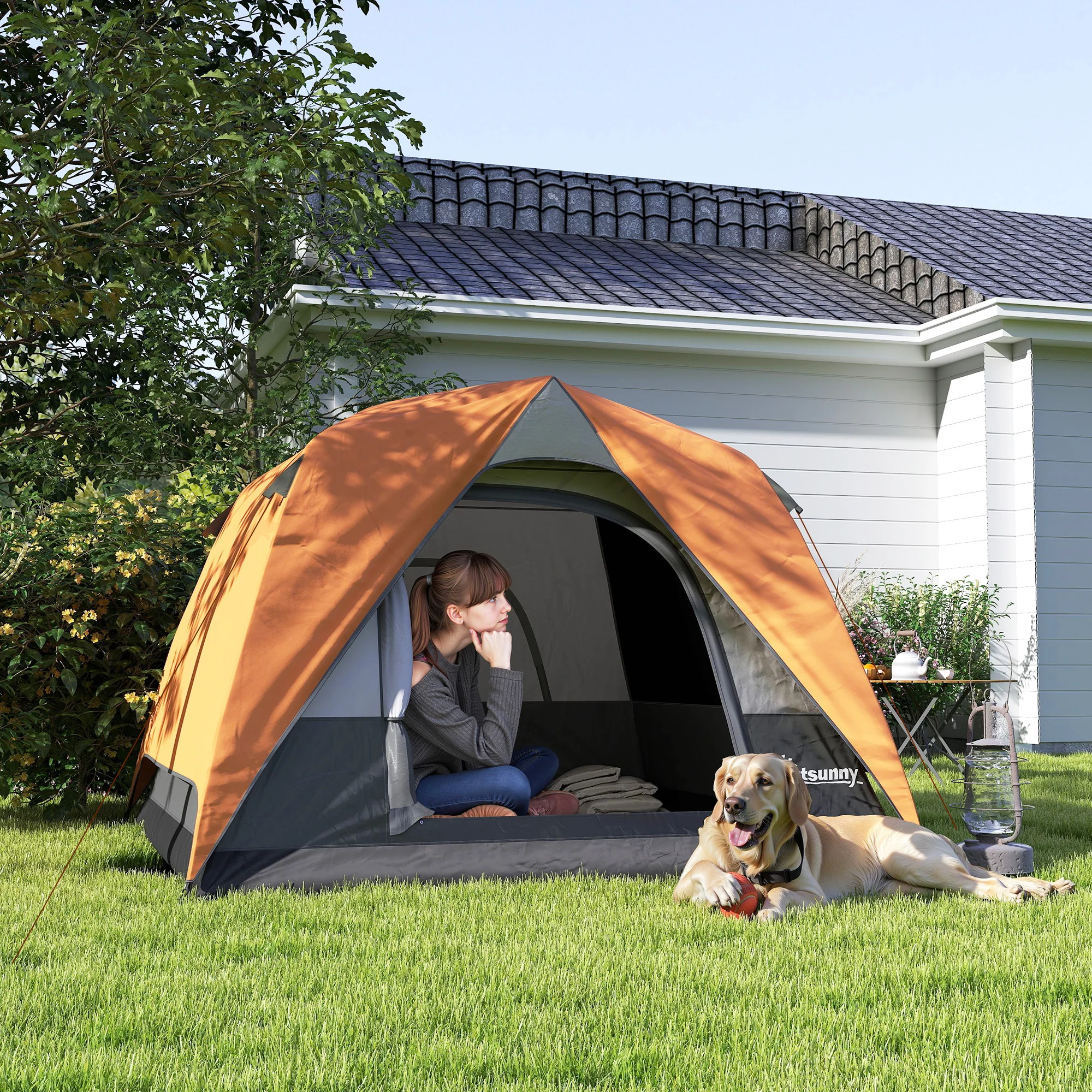 Outsunny 3-4 Person Camping Tent, Waterproof Tent - Blue/Green/Orange - Image 20