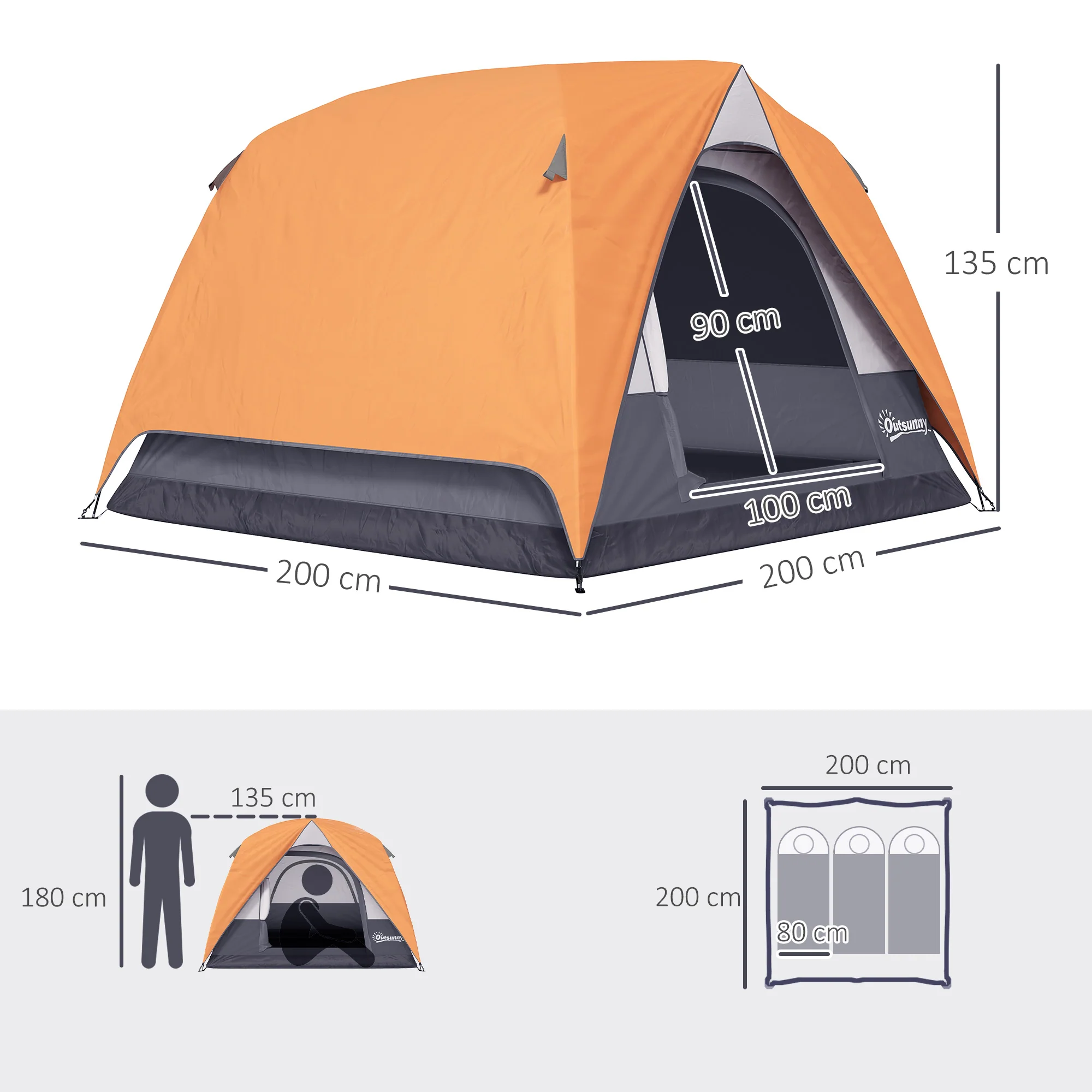 Outsunny 3-4 Person Camping Tent, Waterproof Tent - Blue/Green/Orange - Image 23