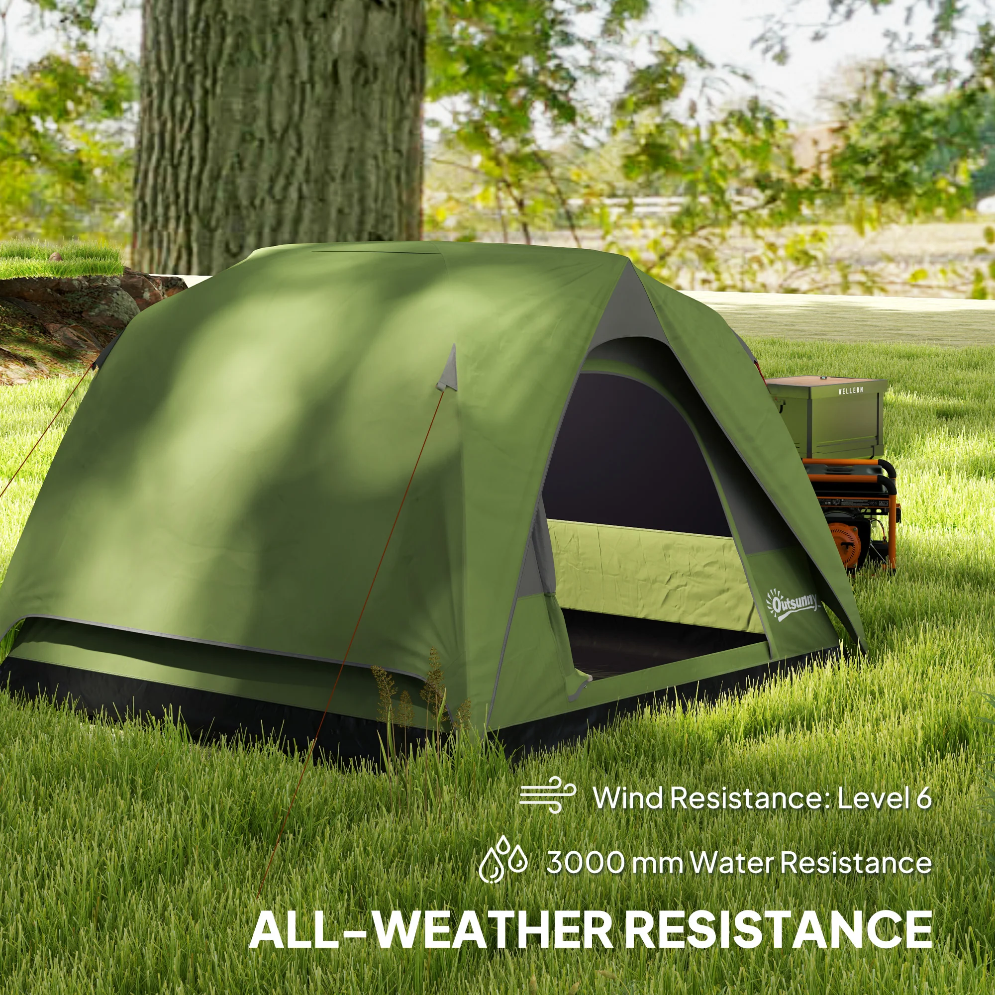 Outsunny 3-4 Person Camping Tent, Waterproof Tent - Blue/Green/Orange - Image 4