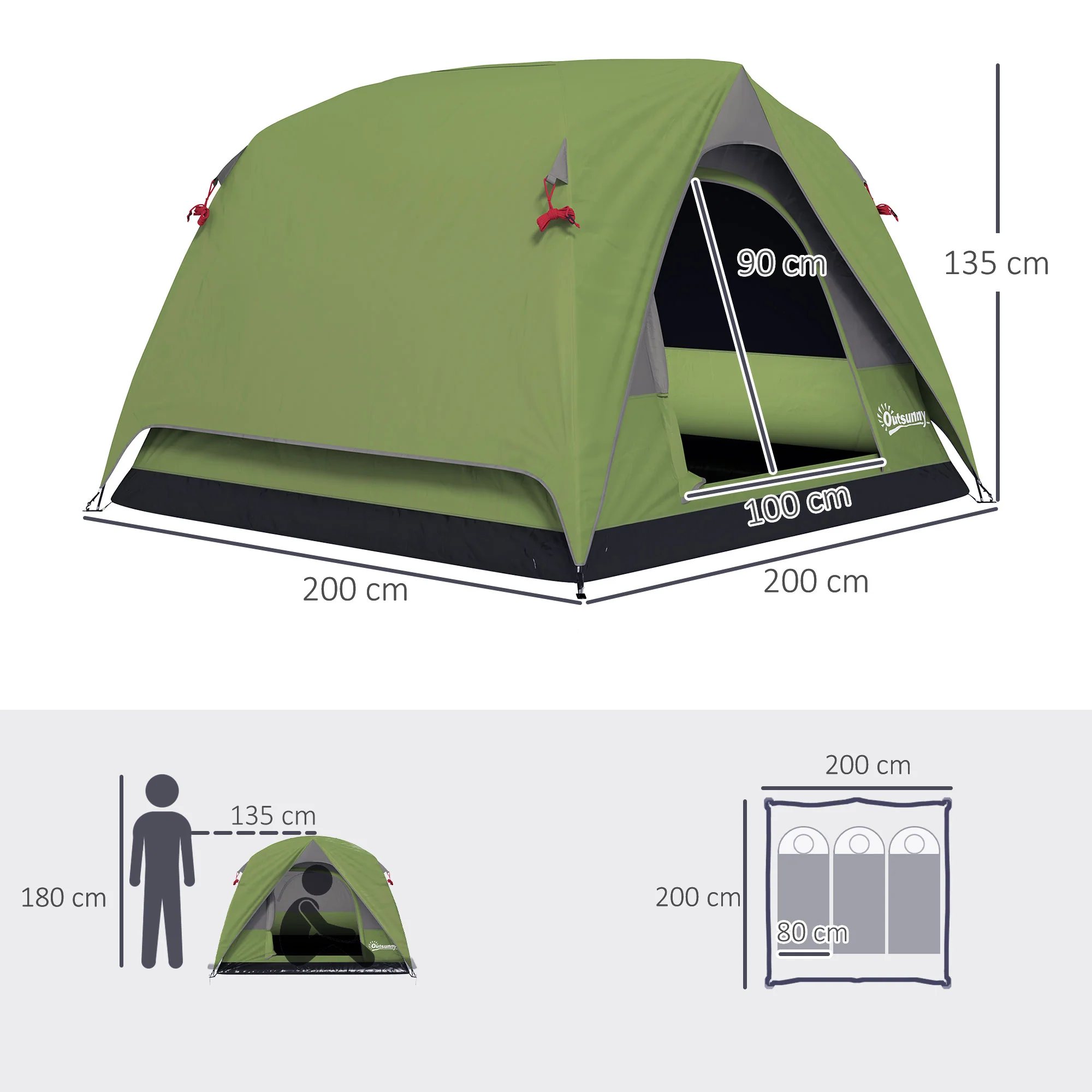 Outsunny 3-4 Person Camping Tent, Waterproof Tent - Blue/Green/Orange - Image 5