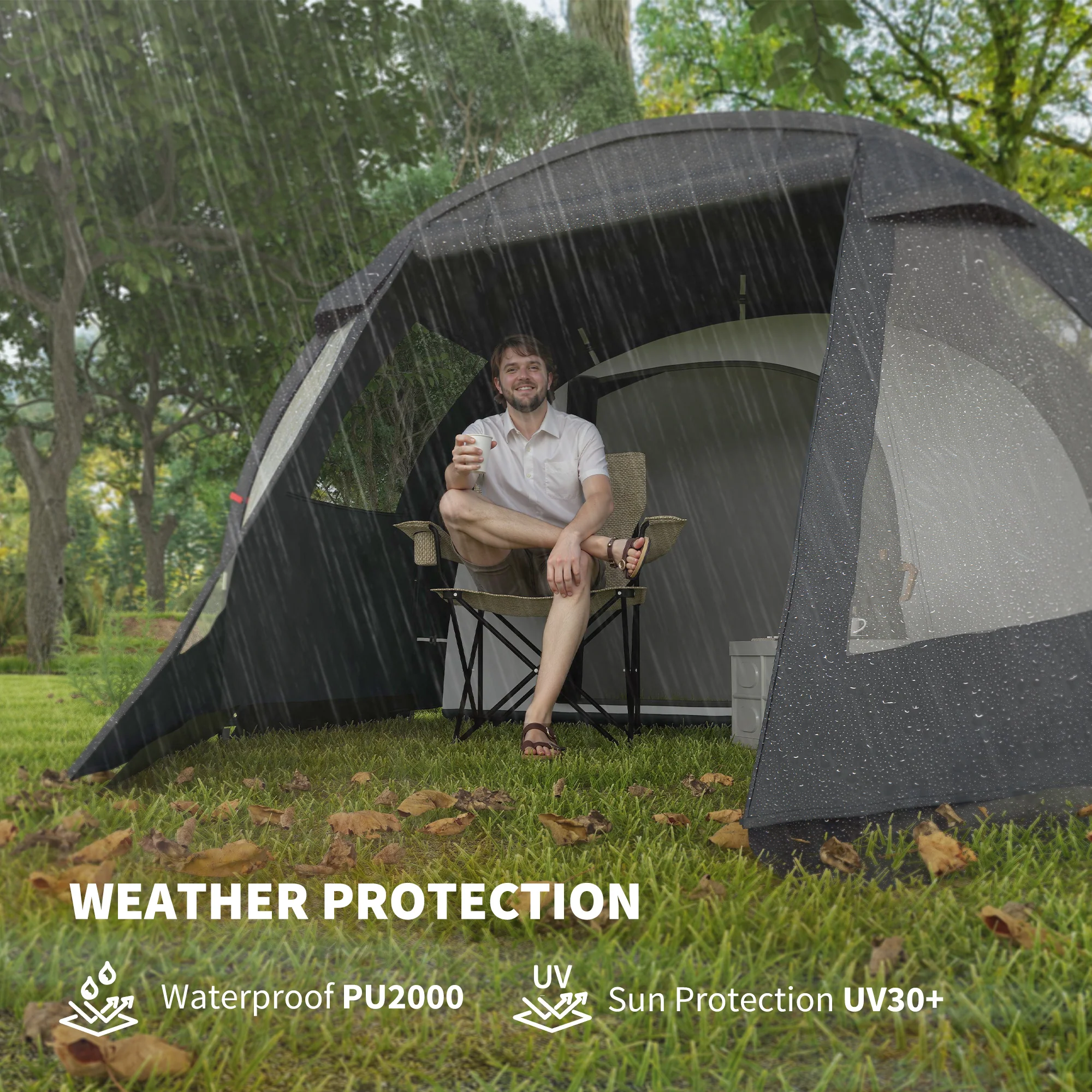 Outsunny 3-4 Persons Tunnel Tent, Two Room Camping Tent w/ Windows, Black - Image 3