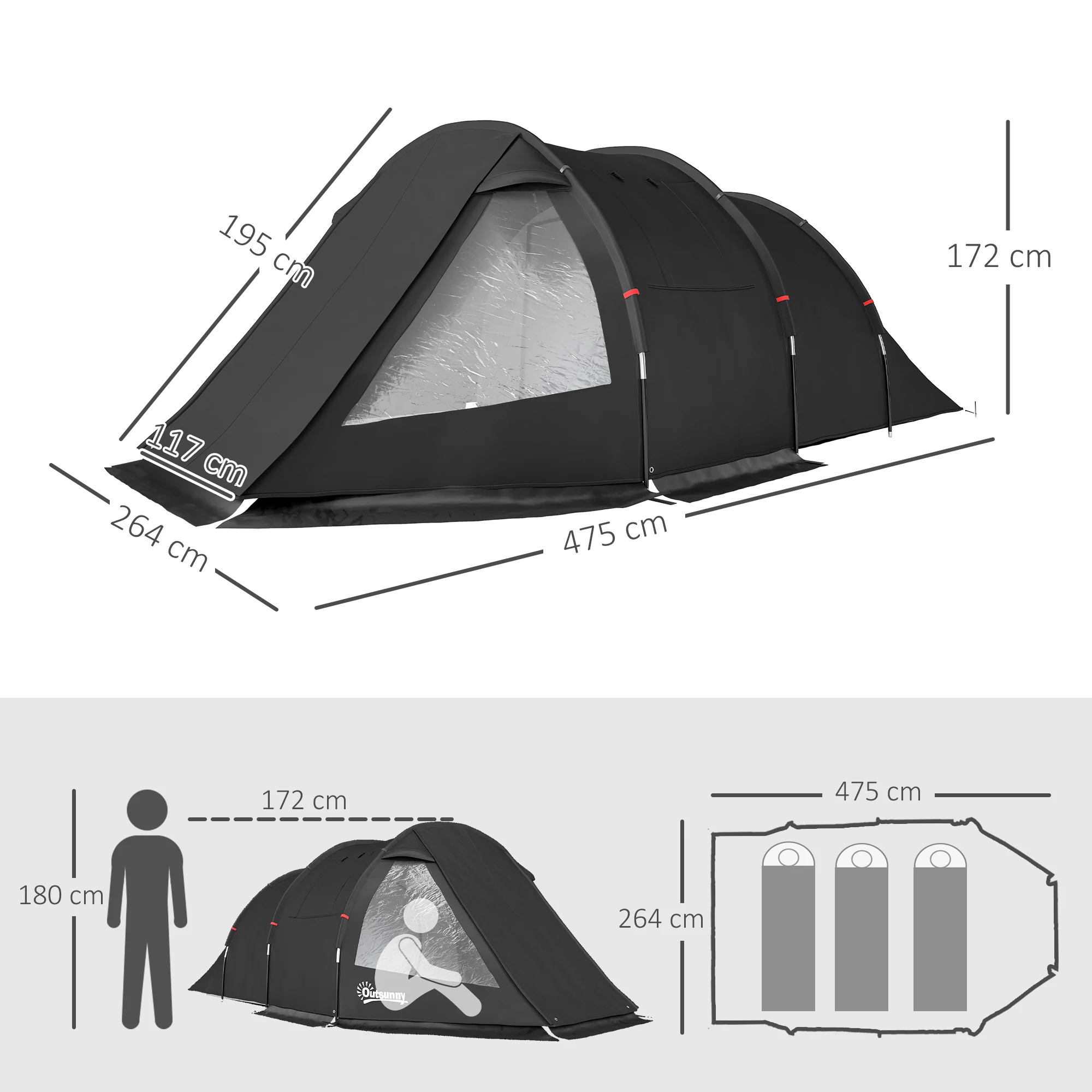 Outsunny 3-4 Persons Tunnel Tent, Two Room Camping Tent w/ Windows, Black - Image 4