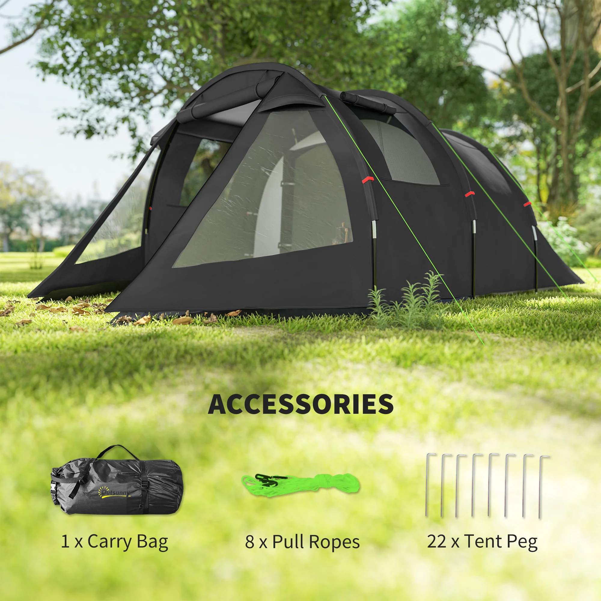 Outsunny 3-4 Persons Tunnel Tent, Two Room Camping Tent w/ Windows, Black - Image 6