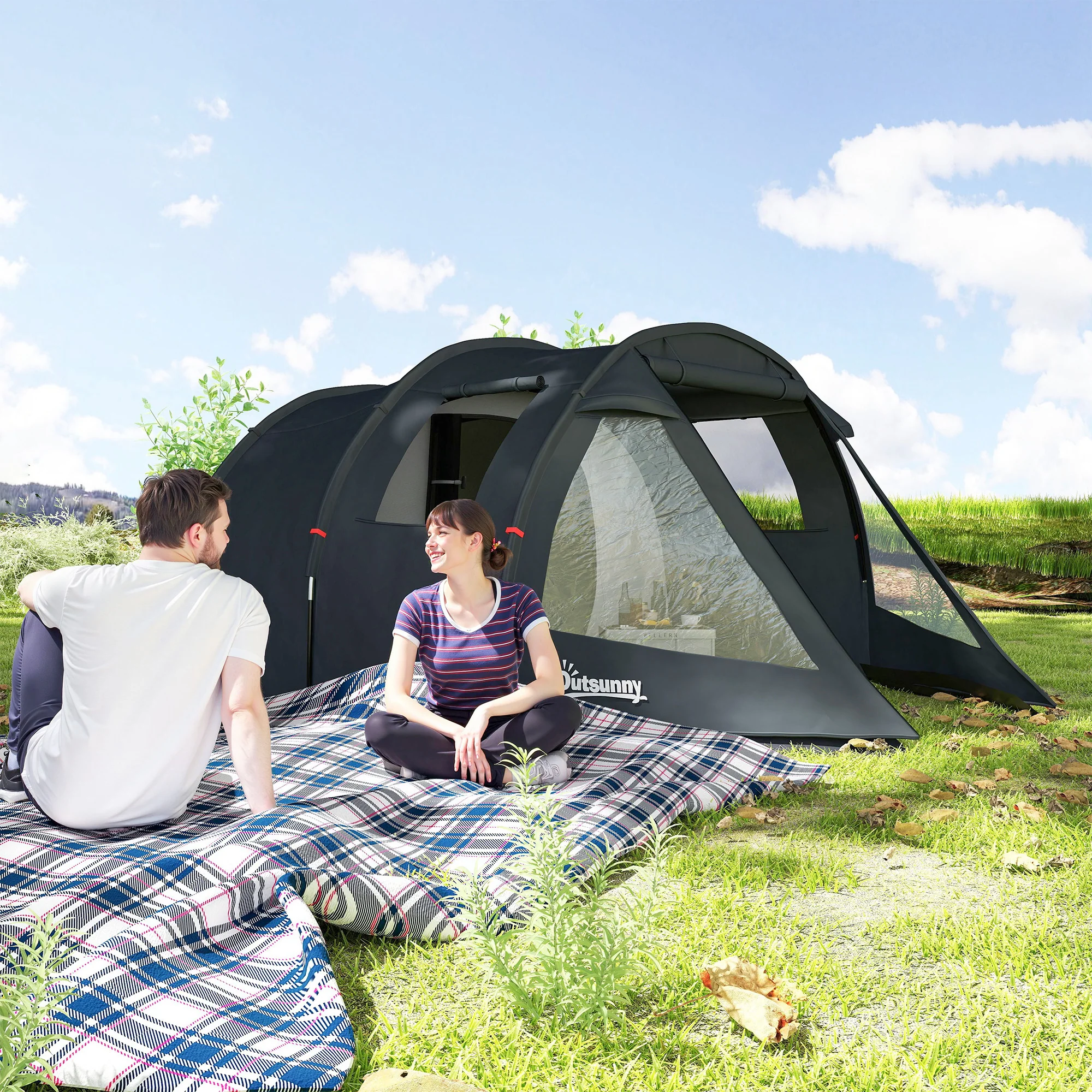 Outsunny 3-4 Persons Tunnel Tent, Two Room Camping Tent w/ Windows, Black - Image 7