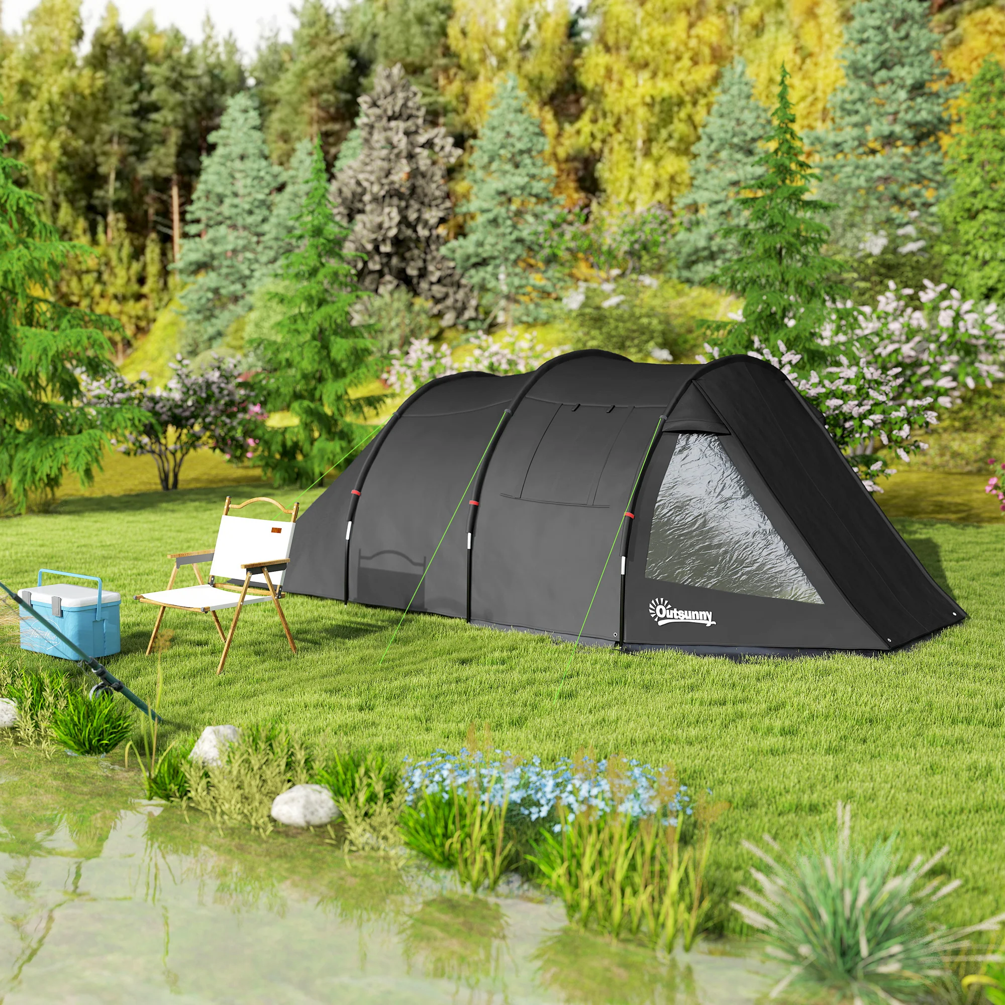 Outsunny 3-4 Persons Tunnel Tent, Two Room Camping Tent w/ Windows, Black - Image 8