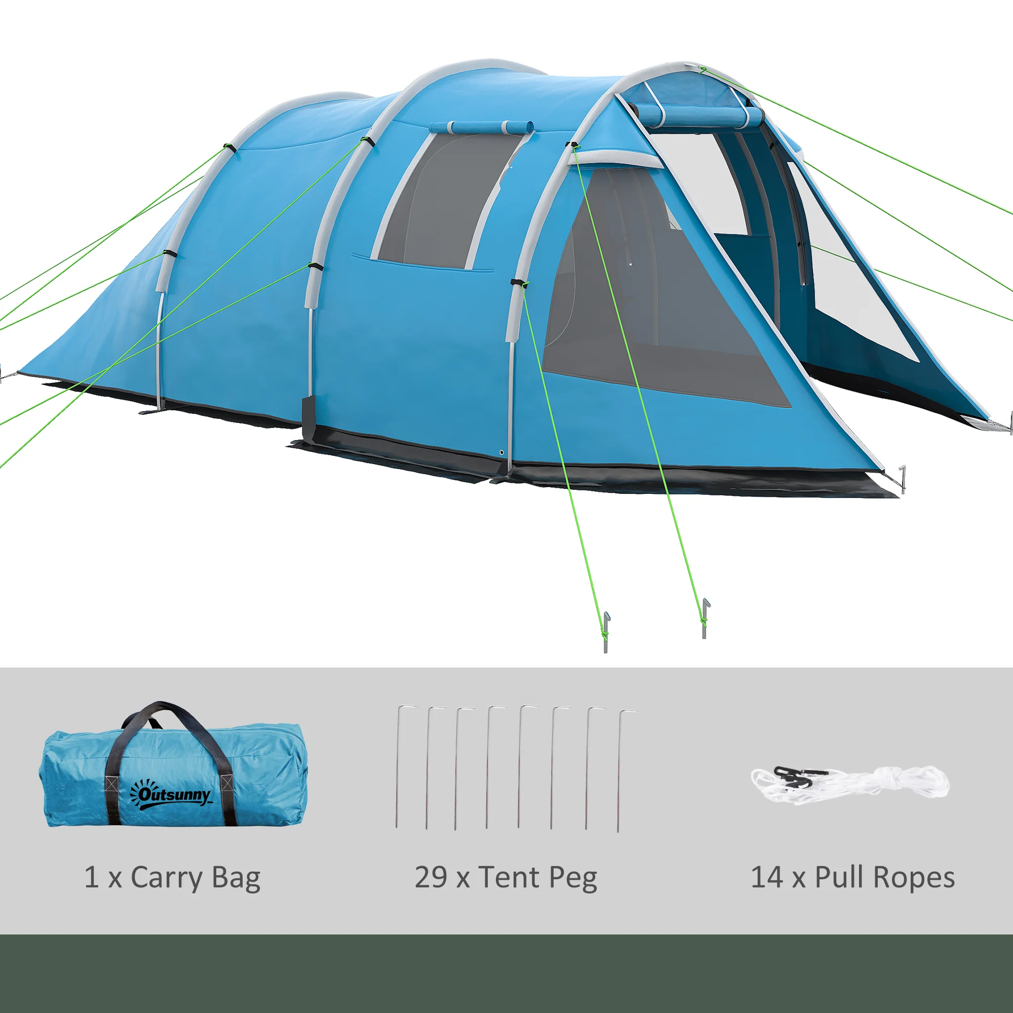 Outsunny 3-4 Persons Tunnel Tent, Two Room Camping Tent w/ Windows, Blue - Image 6