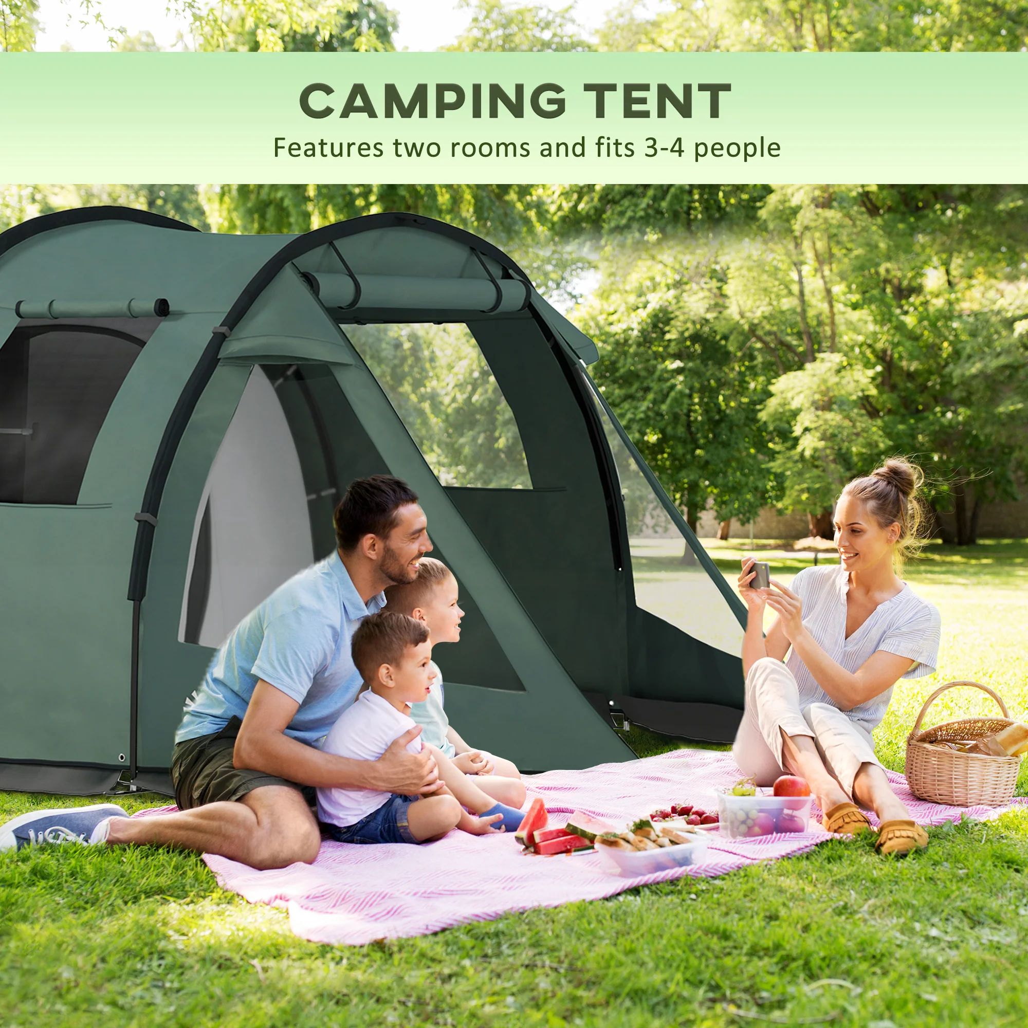 Outsunny 3-4 Persons Tunnel Tent, Two Room Camping Tent w/ Windows, Green - Image 3