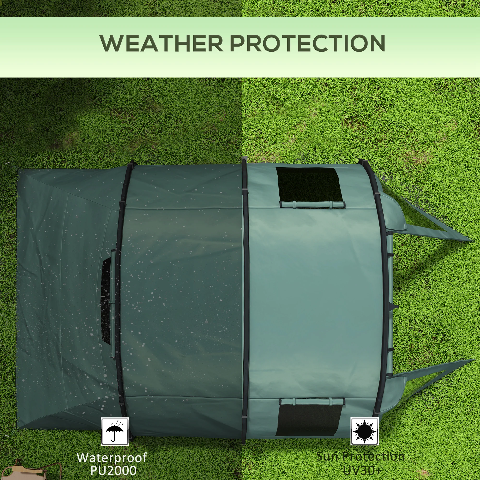 Outsunny 3-4 Persons Tunnel Tent, Two Room Camping Tent w/ Windows, Green - Image 4