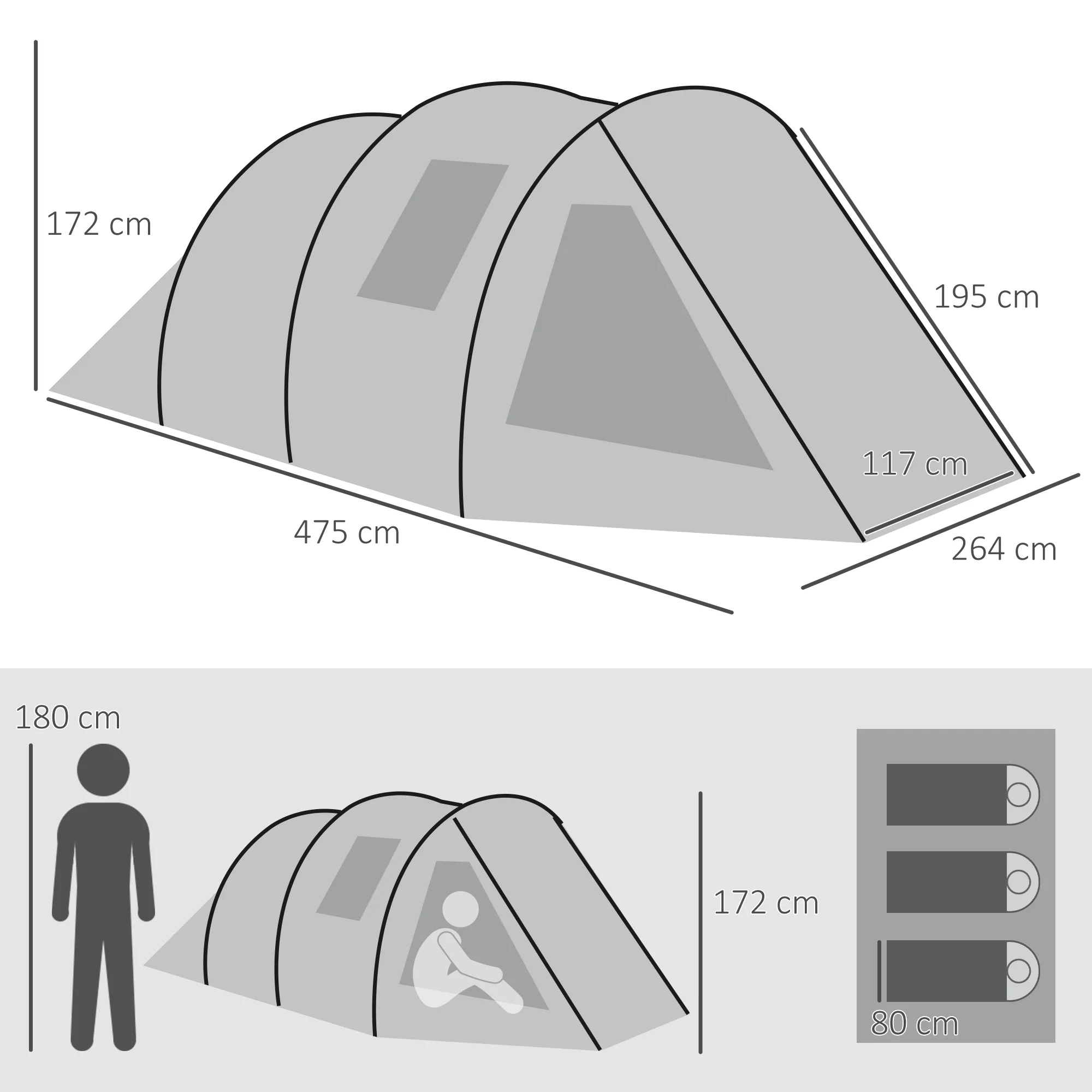 Outsunny 3-4 Persons Tunnel Tent, Two Room Camping Tent w/ Windows, Green - Image 5