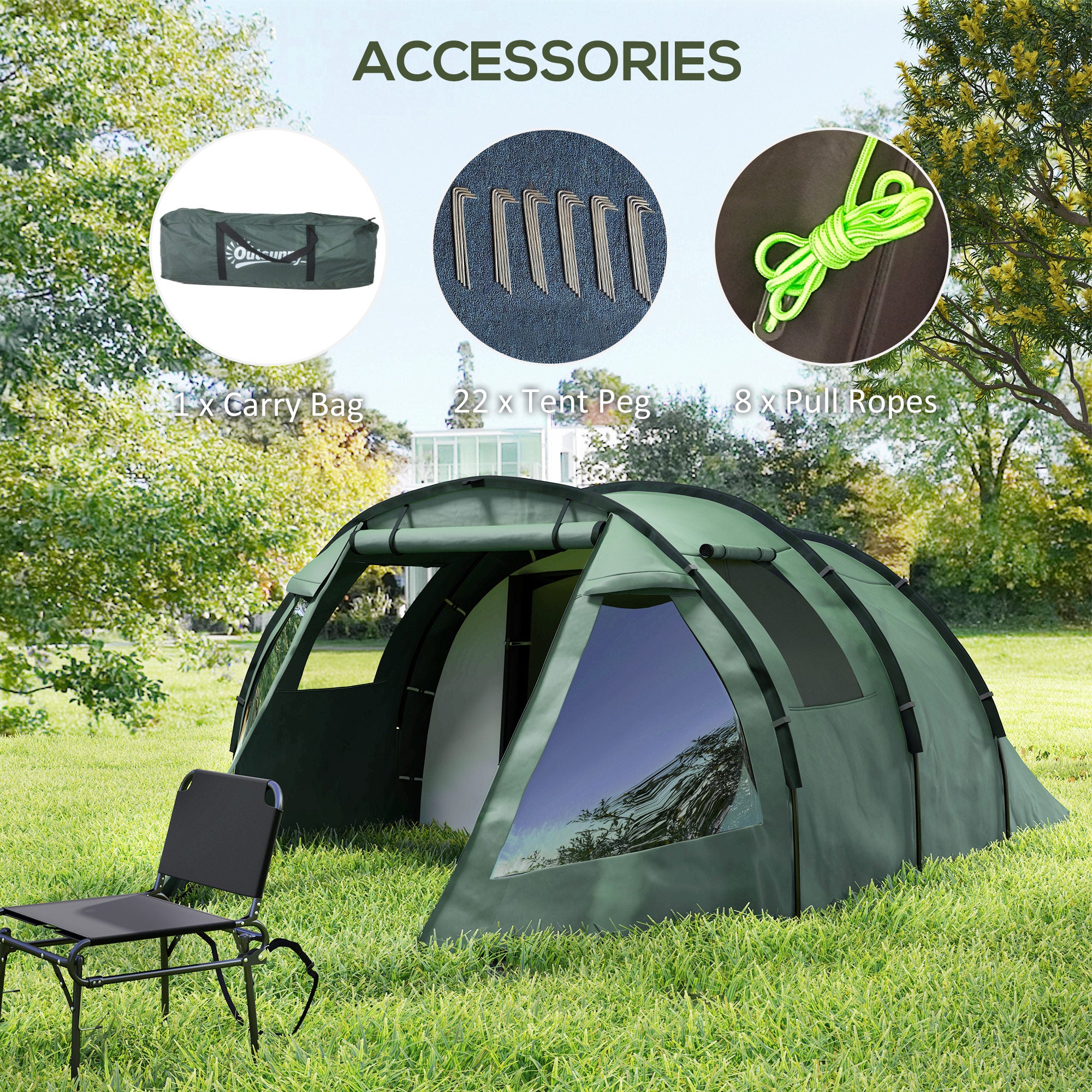 Outsunny 3-4 Persons Tunnel Tent, Two Room Camping Tent w/ Windows, Green - Image 7