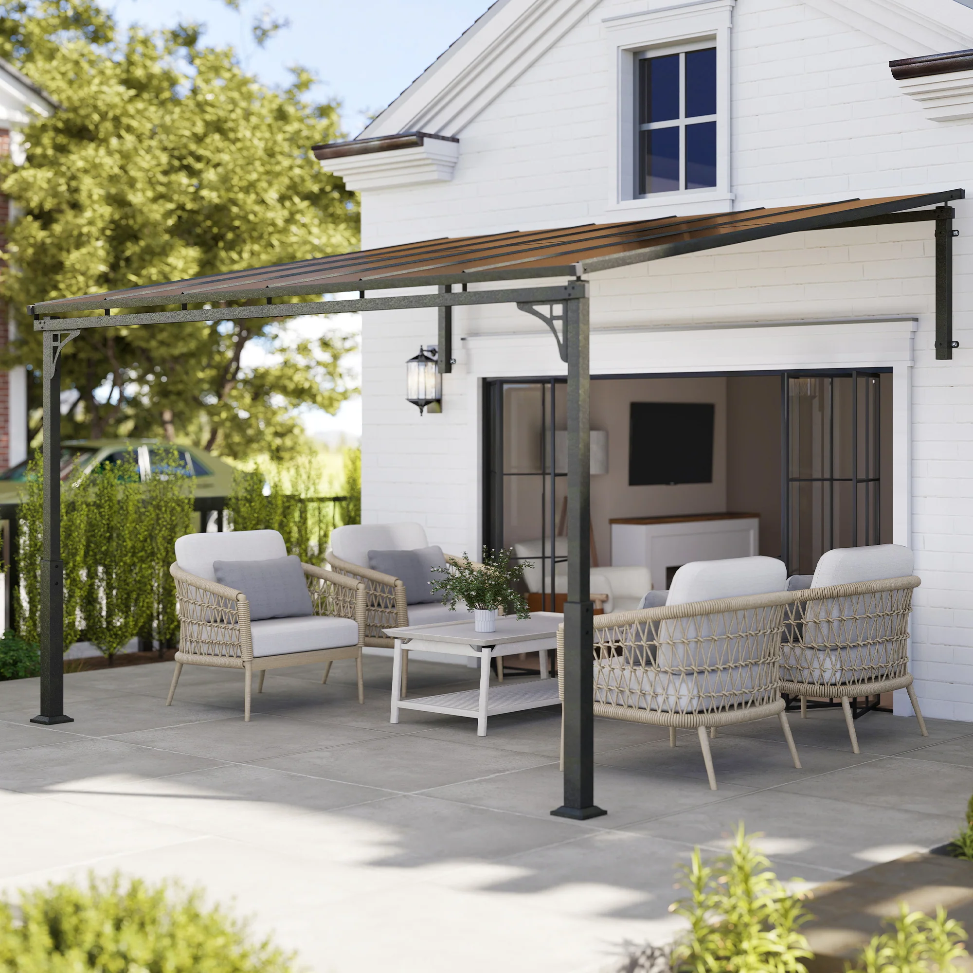 Outsunny 3.4 X 3 M Metal Lean-to Hardtop Gazebo, Wall-Mounted Pergola - Image 2