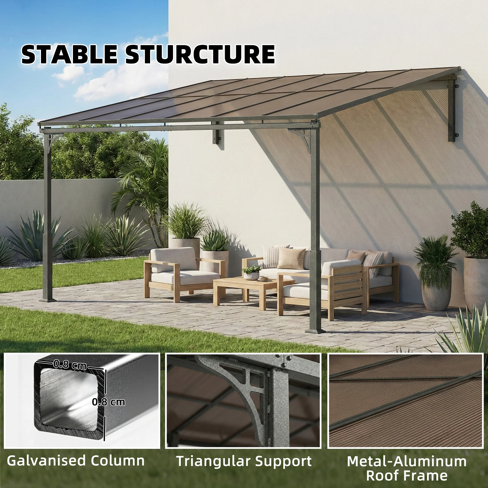 Outsunny 3.4 X 3 M Metal Lean-to Hardtop Gazebo, Wall-Mounted Pergola - Image 7