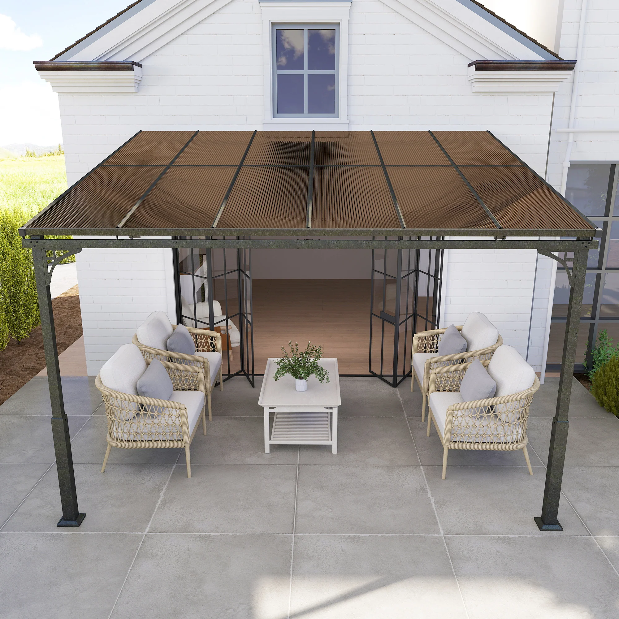 Outsunny 3.4 X 3 M Metal Lean-to Hardtop Gazebo, Wall-Mounted Pergola - Image 9