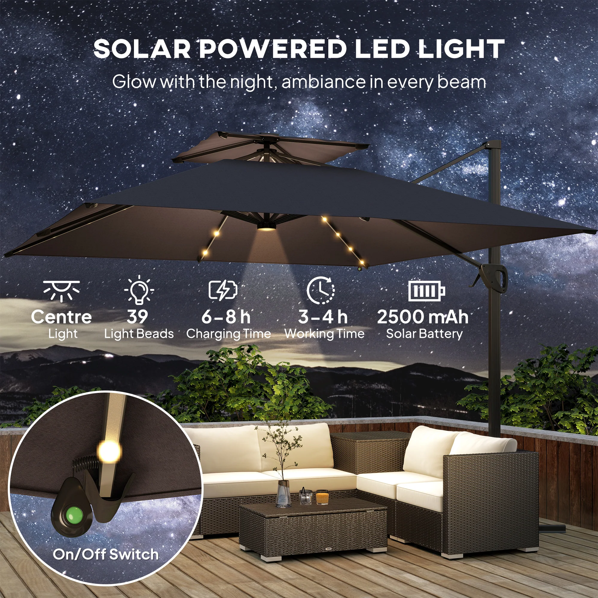 Outsunny 3.5m Aluminium Cantilever Parasol W/ LED Lights Crank Tilt UV50+ - Image 12