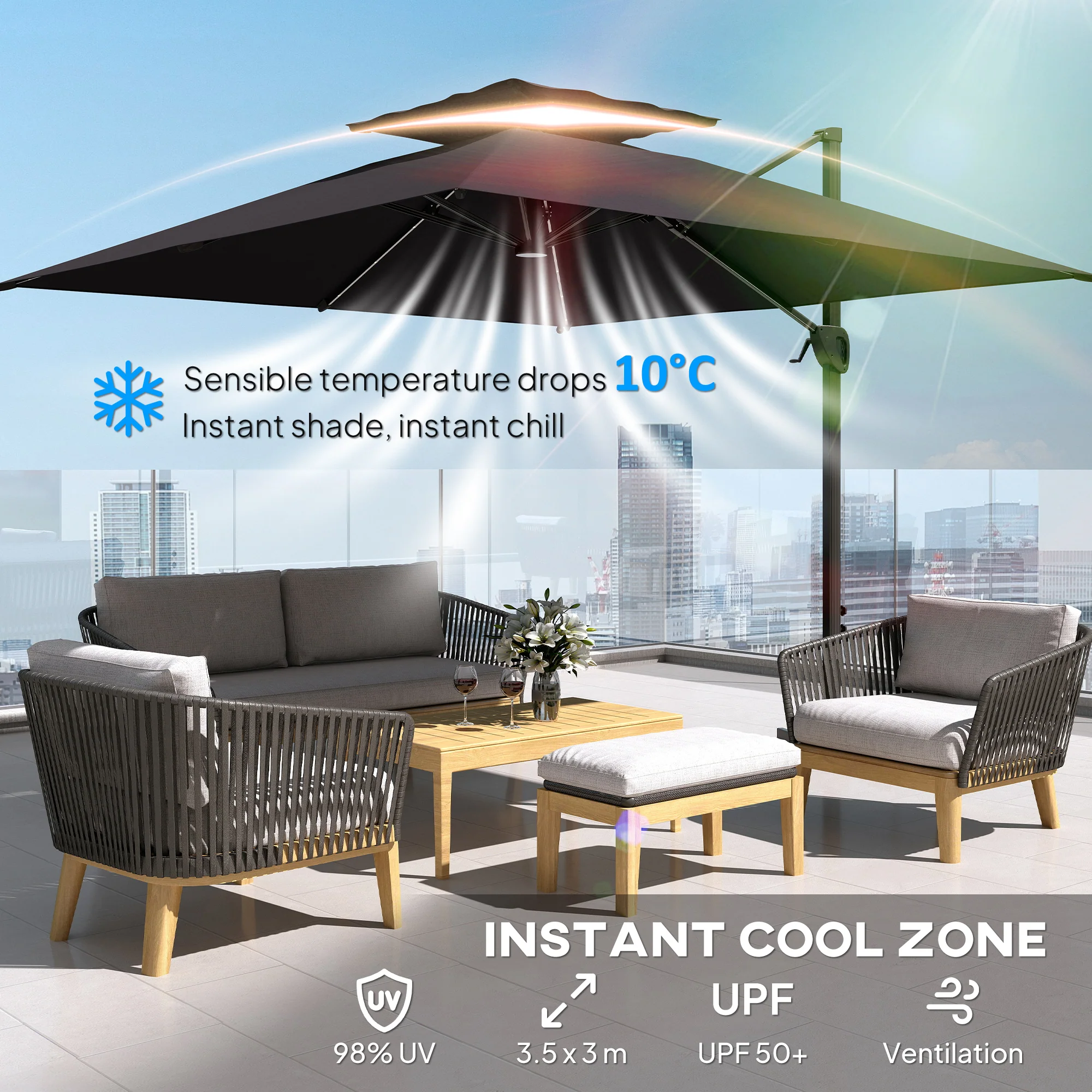 Outsunny 3.5m Aluminium Cantilever Parasol W/ LED Lights Crank Tilt UV50+ - Image 13