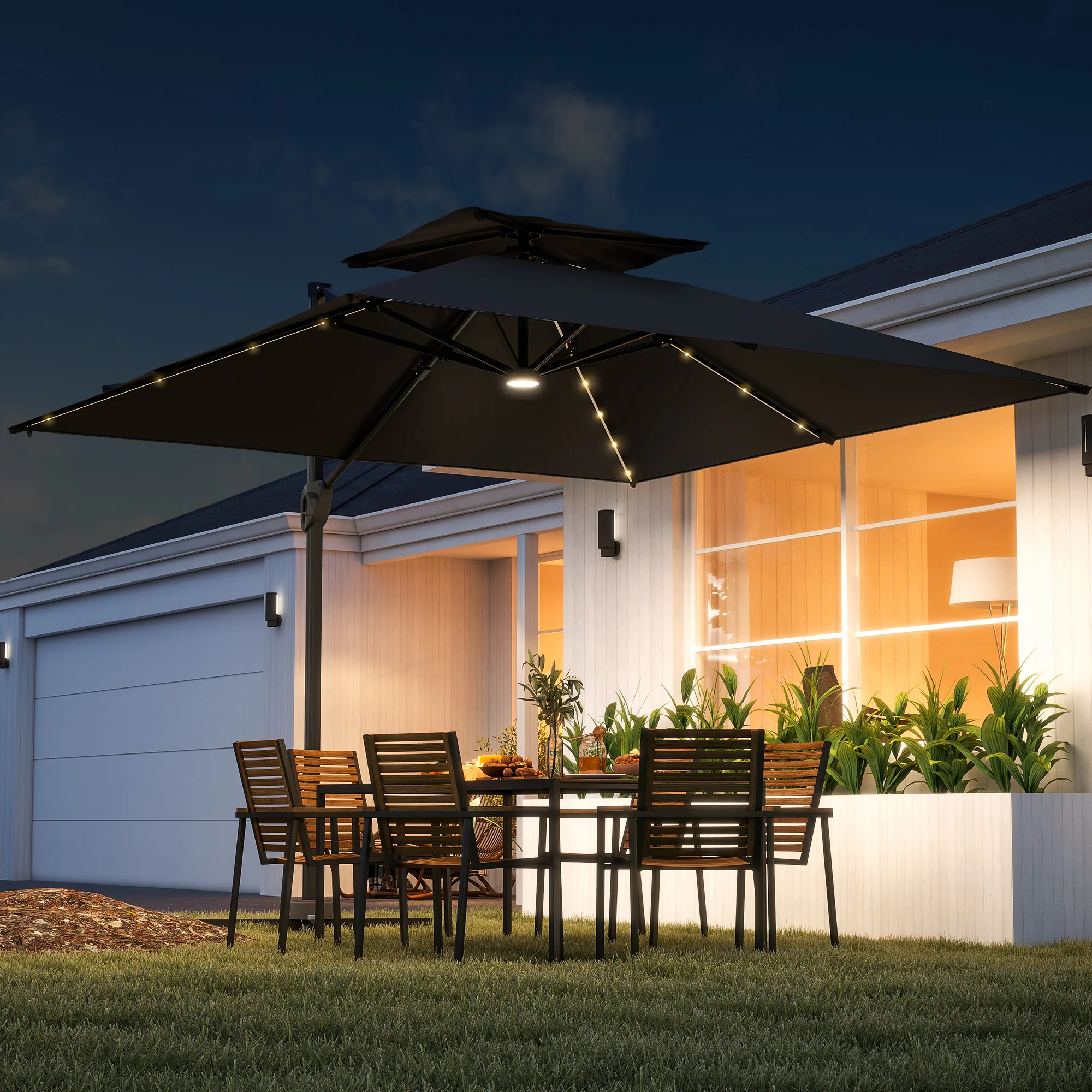 Outsunny 3.5m Aluminium Cantilever Parasol W/ LED Lights Crank Tilt UV50+ - Image 2