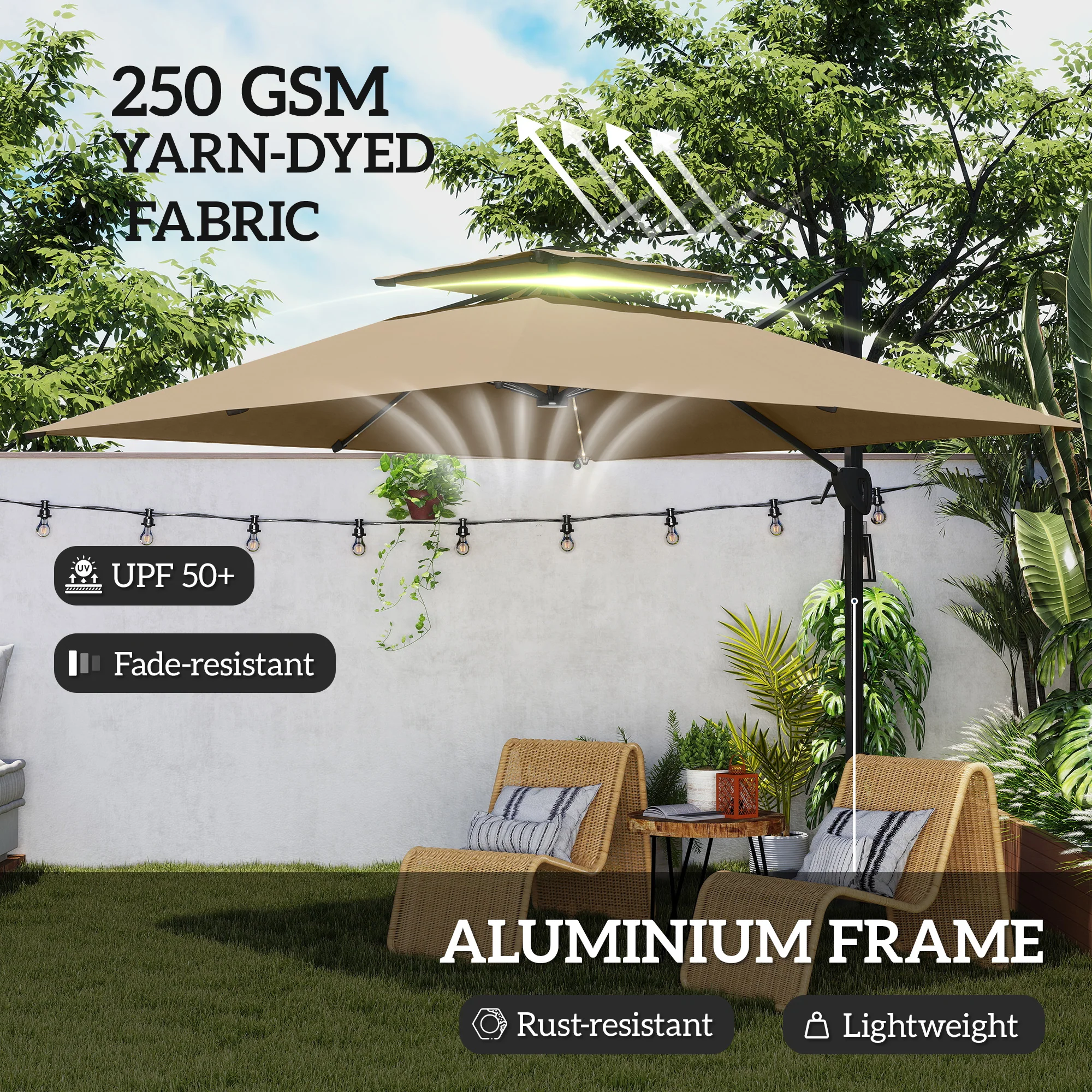Outsunny 3.5m Aluminium Cantilever Parasol W/ LED Lights Crank Tilt UV50+ - Image 22