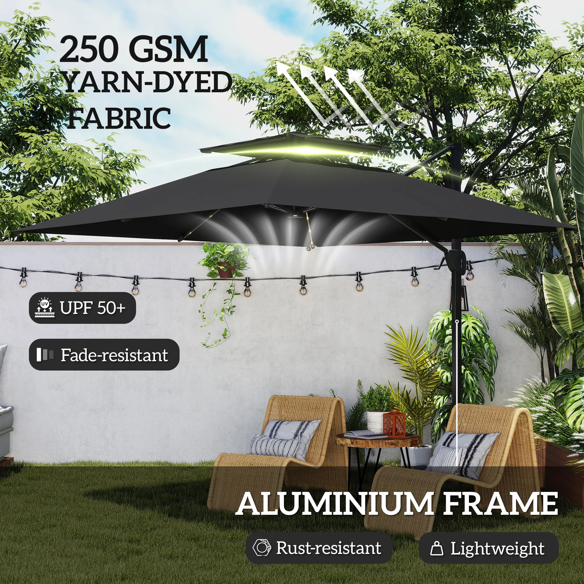 Outsunny 3.5m Aluminium Cantilever Parasol W/ LED Lights Crank Tilt UV50+ - Image 4