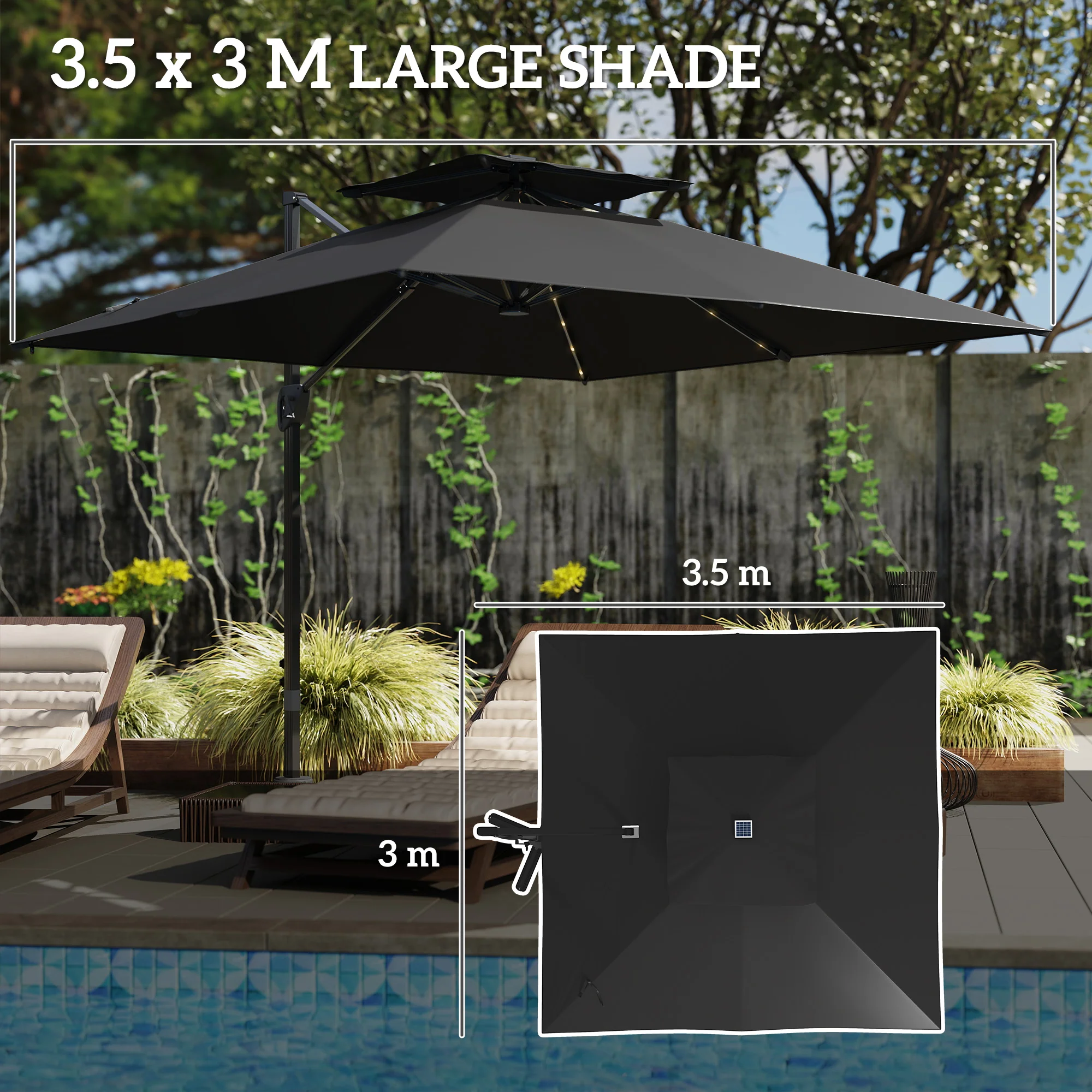 Outsunny 3.5m Aluminium Cantilever Parasol W/ LED Lights Crank Tilt UV50+ - Image 6