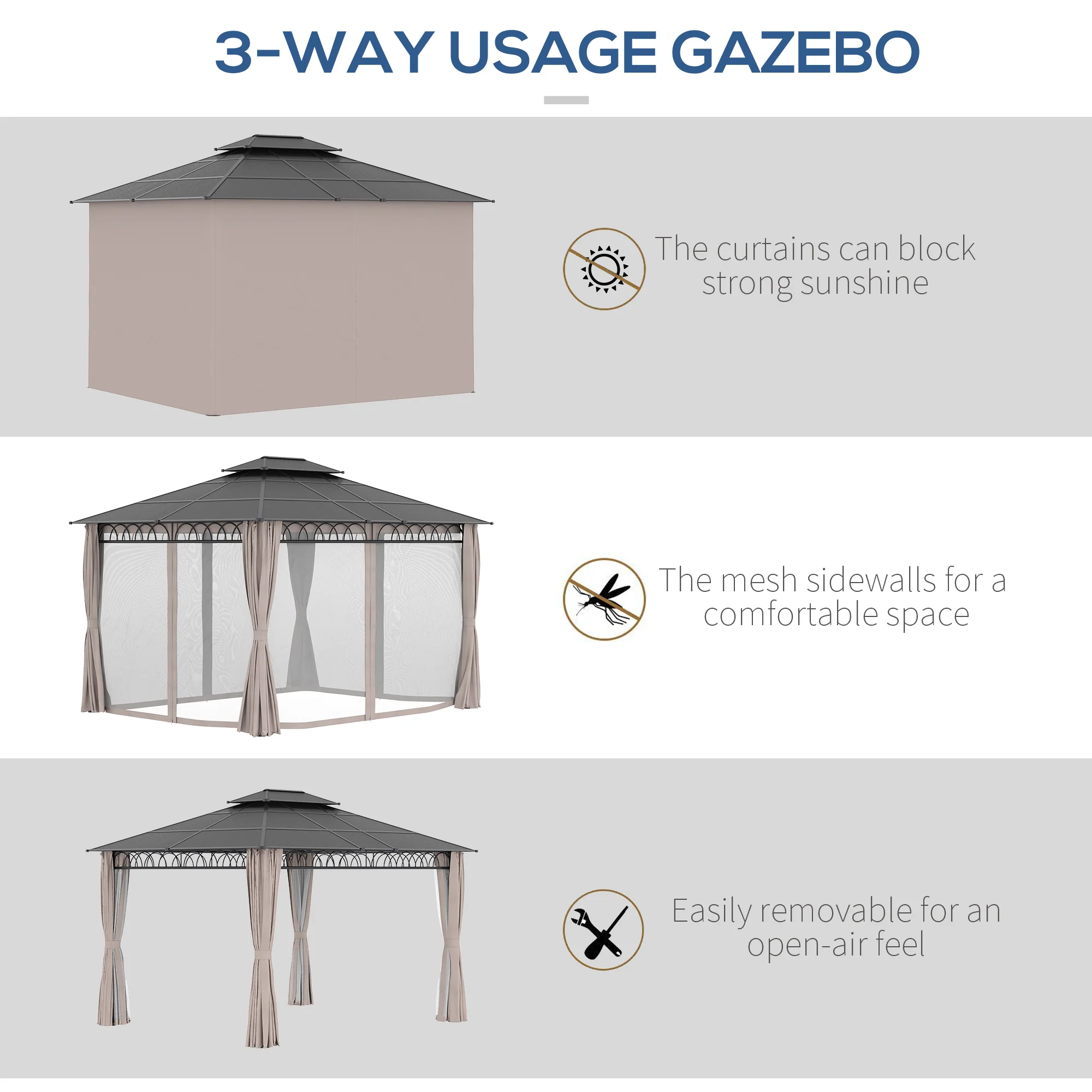 Outsunny 3.6 x 3 (m) Double Roof Hard Top Gazebo with Nettings & Curtains - Image 4