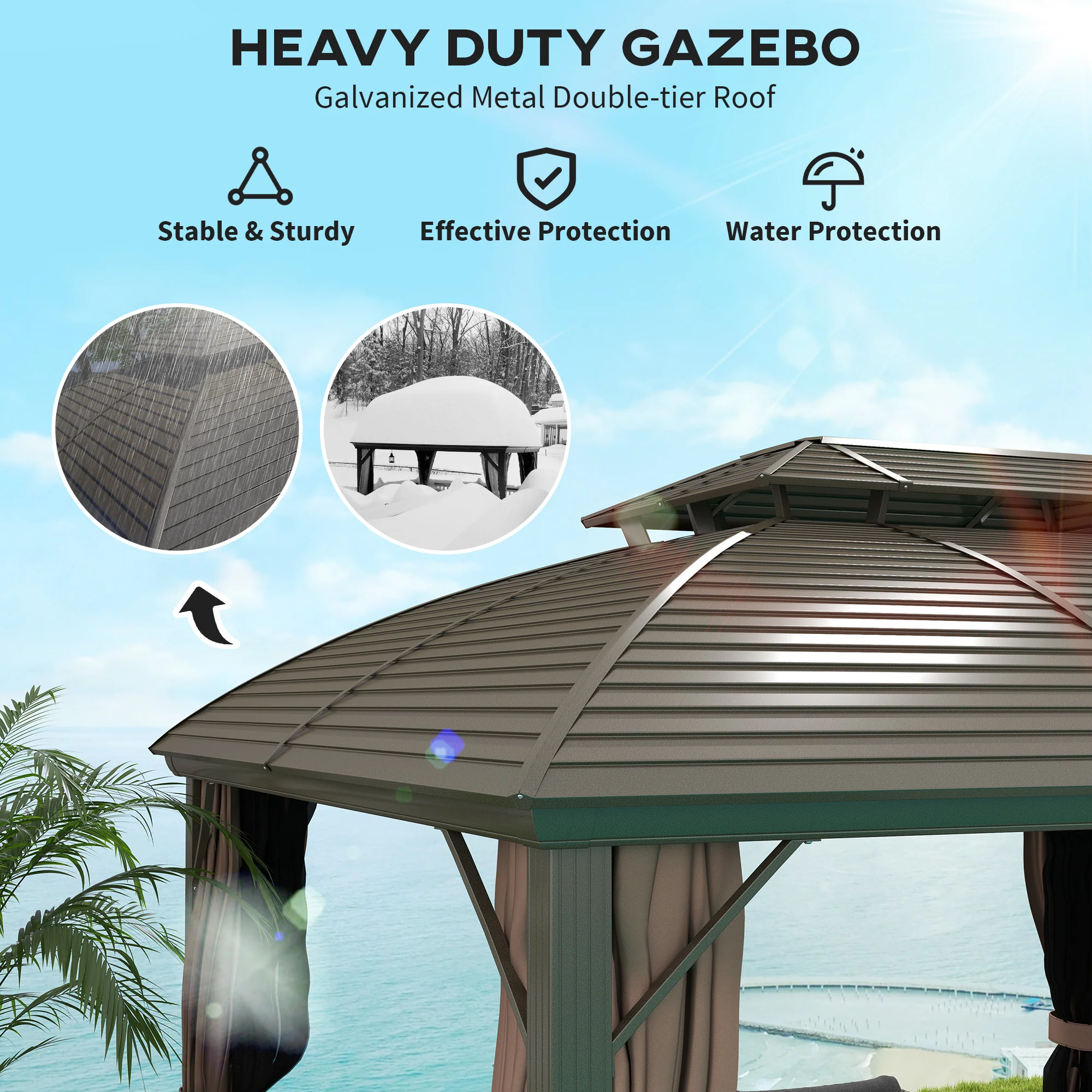 Outsunny 3.65 X 3(m) Aluminium Outdoor Gazebo W/ Hardtop Double Roof, Coffee - Image 3