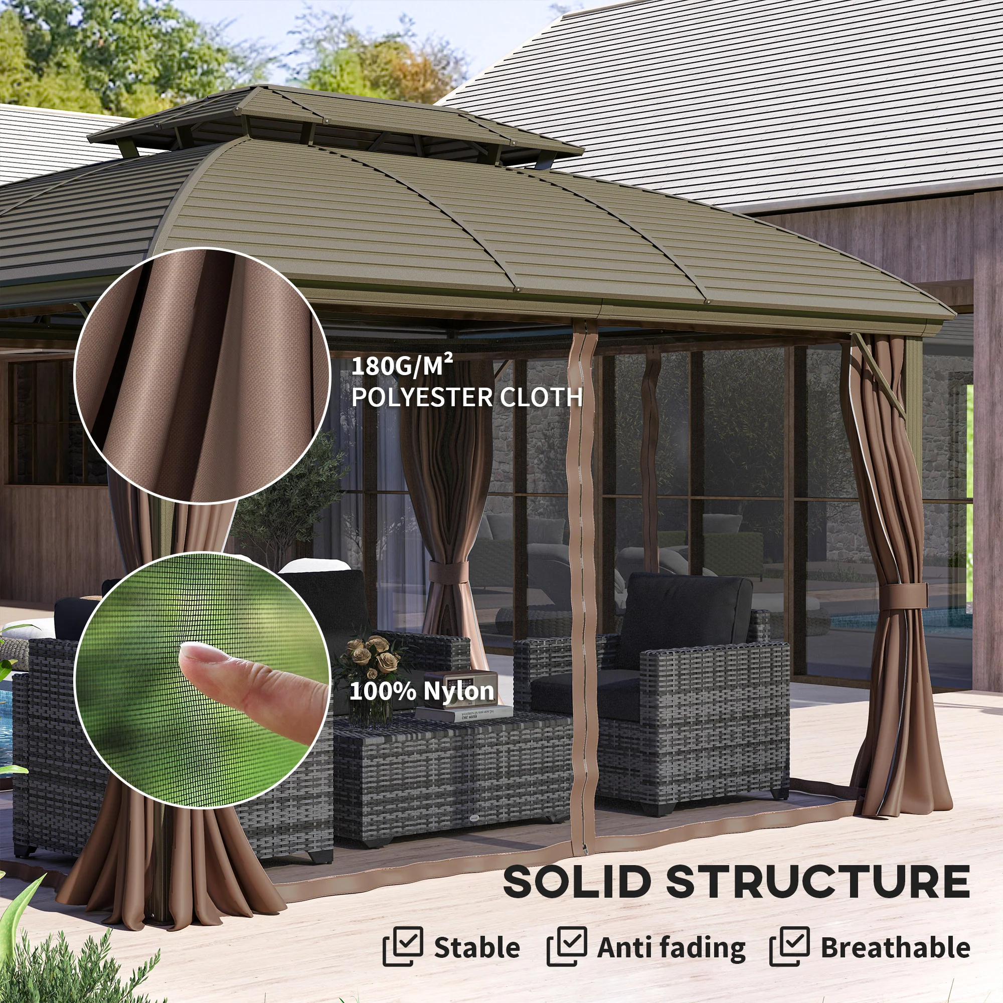 Outsunny 3.65 X 3(m) Aluminium Outdoor Gazebo W/ Hardtop Double Roof, Coffee - Image 4