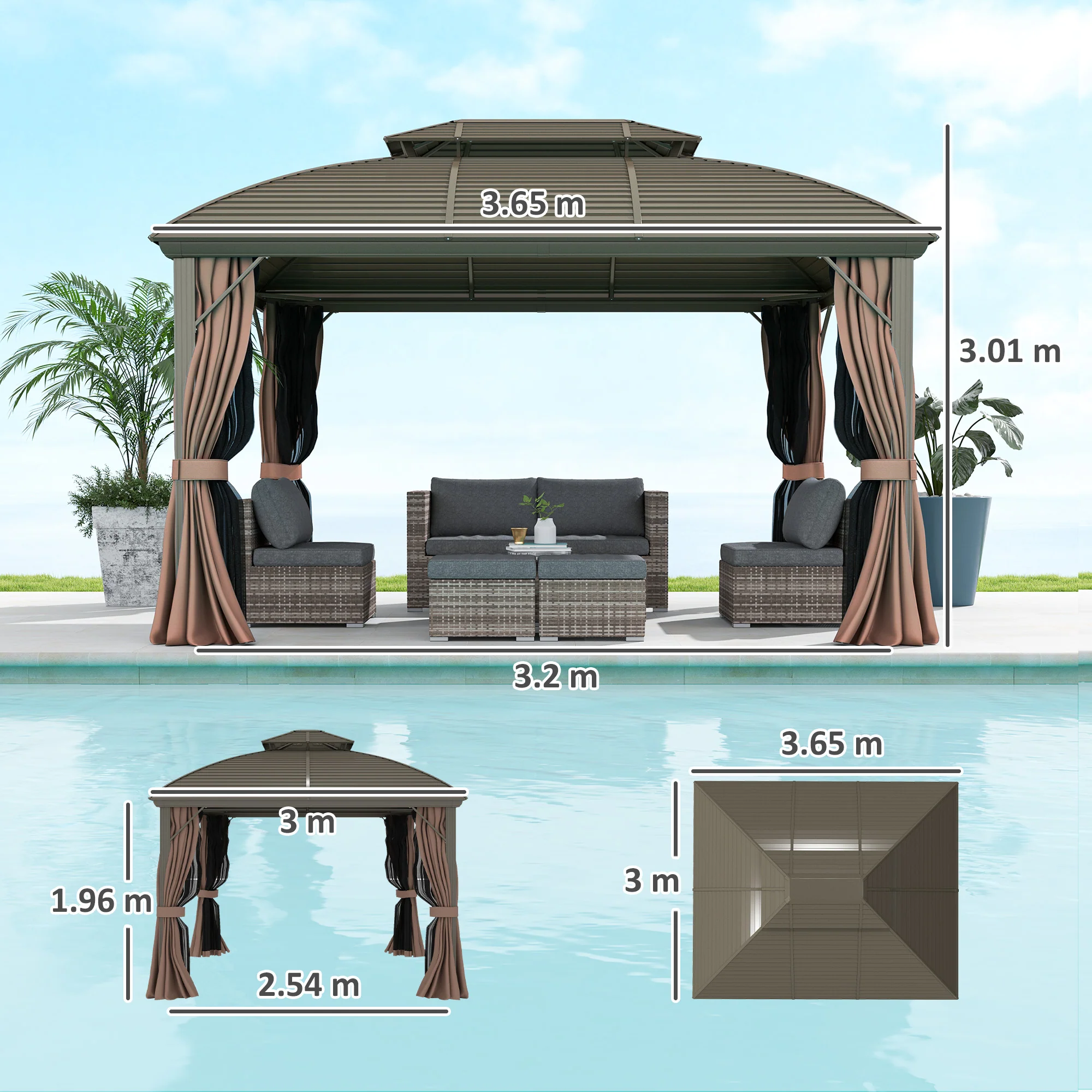 Outsunny 3.65 X 3(m) Aluminium Outdoor Gazebo W/ Hardtop Double Roof, Coffee - Image 5