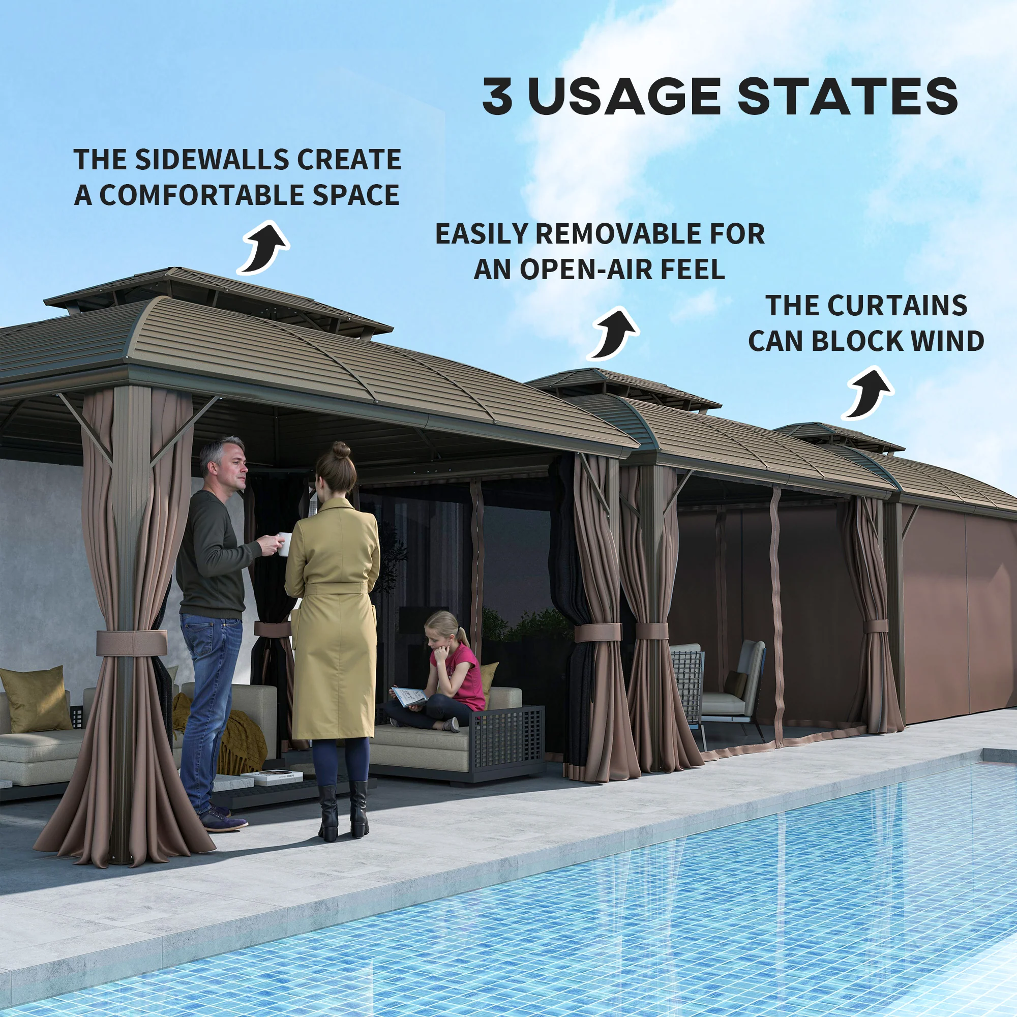 Outsunny 3.65 X 3(m) Aluminium Outdoor Gazebo W/ Hardtop Double Roof, Coffee - Image 8