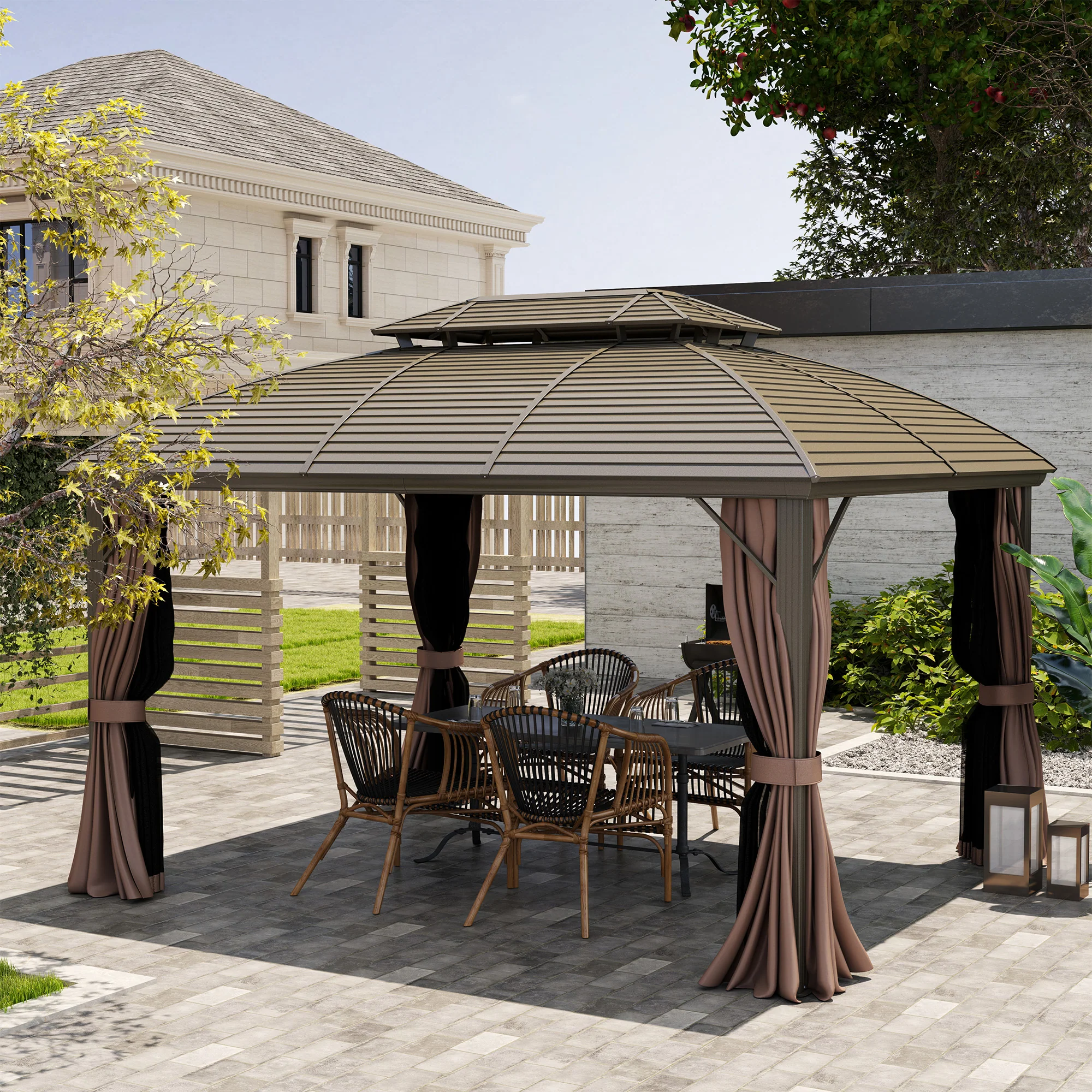 Outsunny 3.65 X 3(m) Aluminium Outdoor Gazebo W/ Hardtop Double Roof, Coffee - Image 9