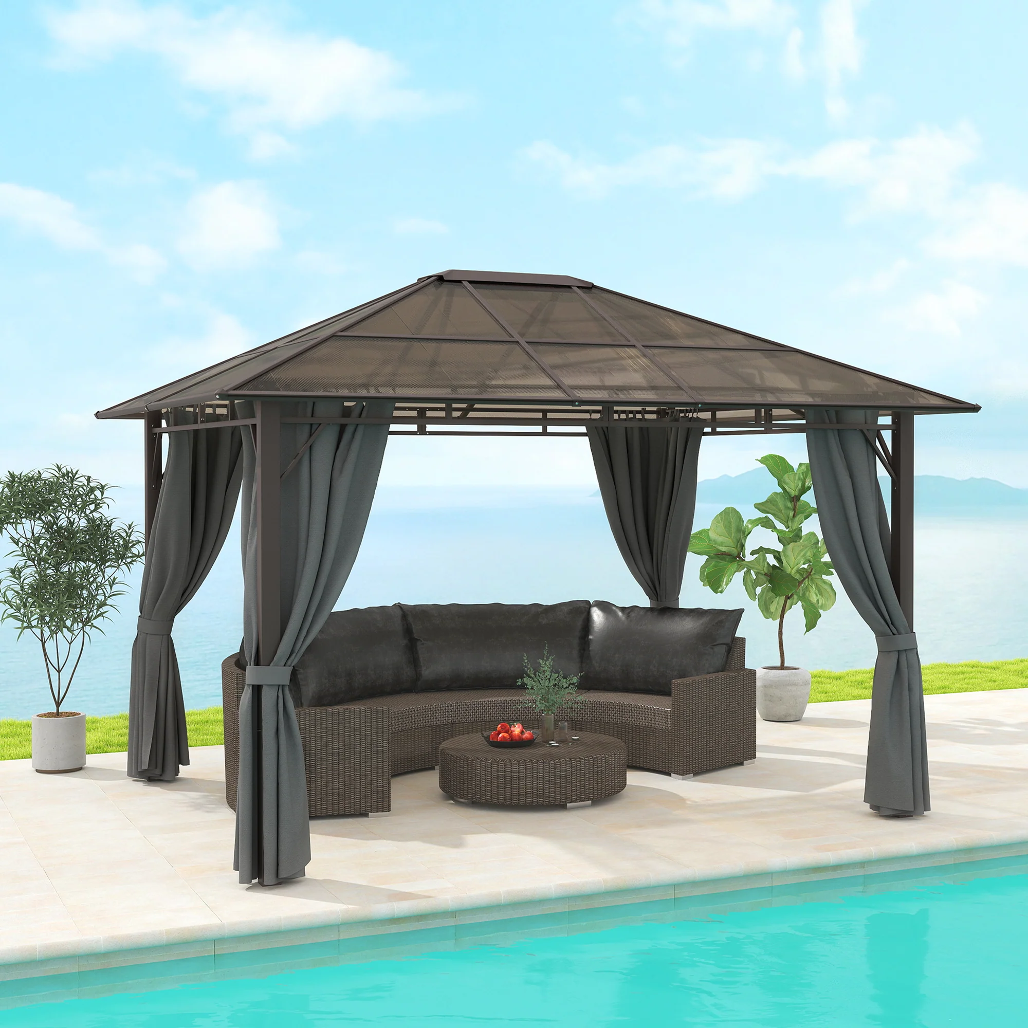 Outsunny 3.6x3(m) Hardtop Gazebo Garden Pavilion W/ Polycarbonate Roof, Grey - Image 2