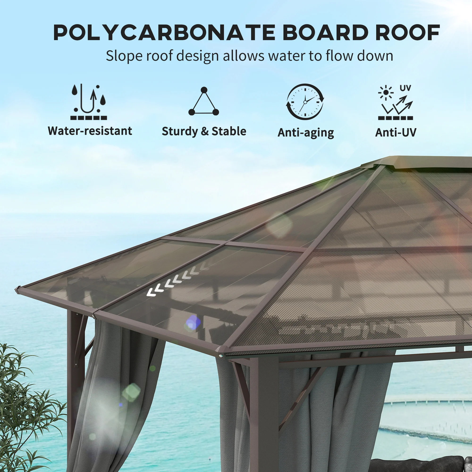 Outsunny 3.6x3(m) Hardtop Gazebo Garden Pavilion W/ Polycarbonate Roof, Grey - Image 3