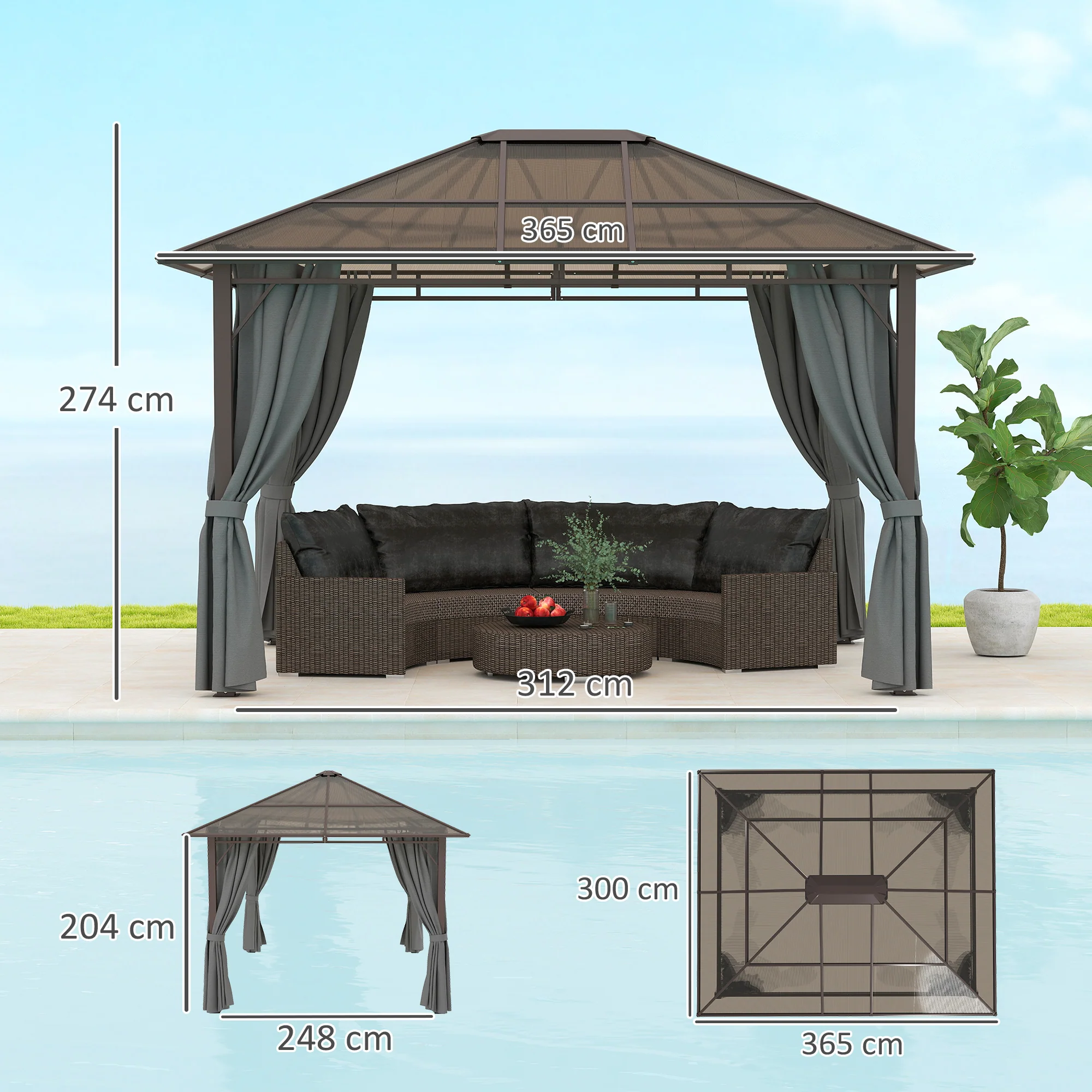 Outsunny 3.6x3(m) Hardtop Gazebo Garden Pavilion W/ Polycarbonate Roof, Grey - Image 5