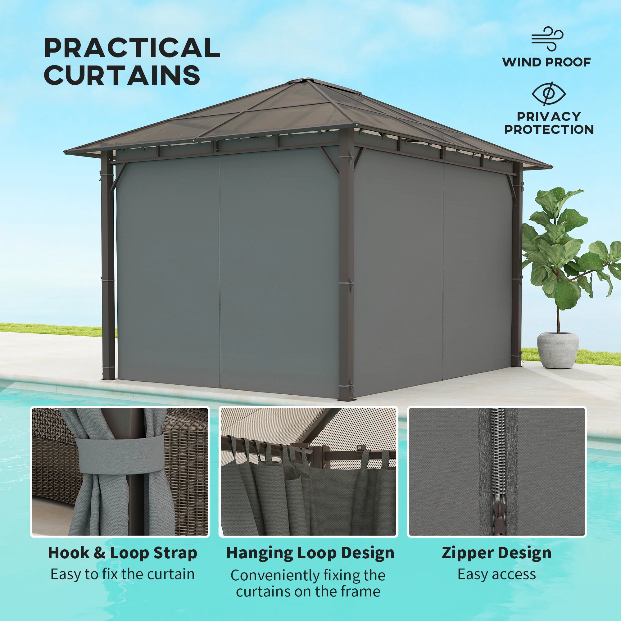Outsunny 3.6x3(m) Hardtop Gazebo Garden Pavilion W/ Polycarbonate Roof, Grey - Image 6