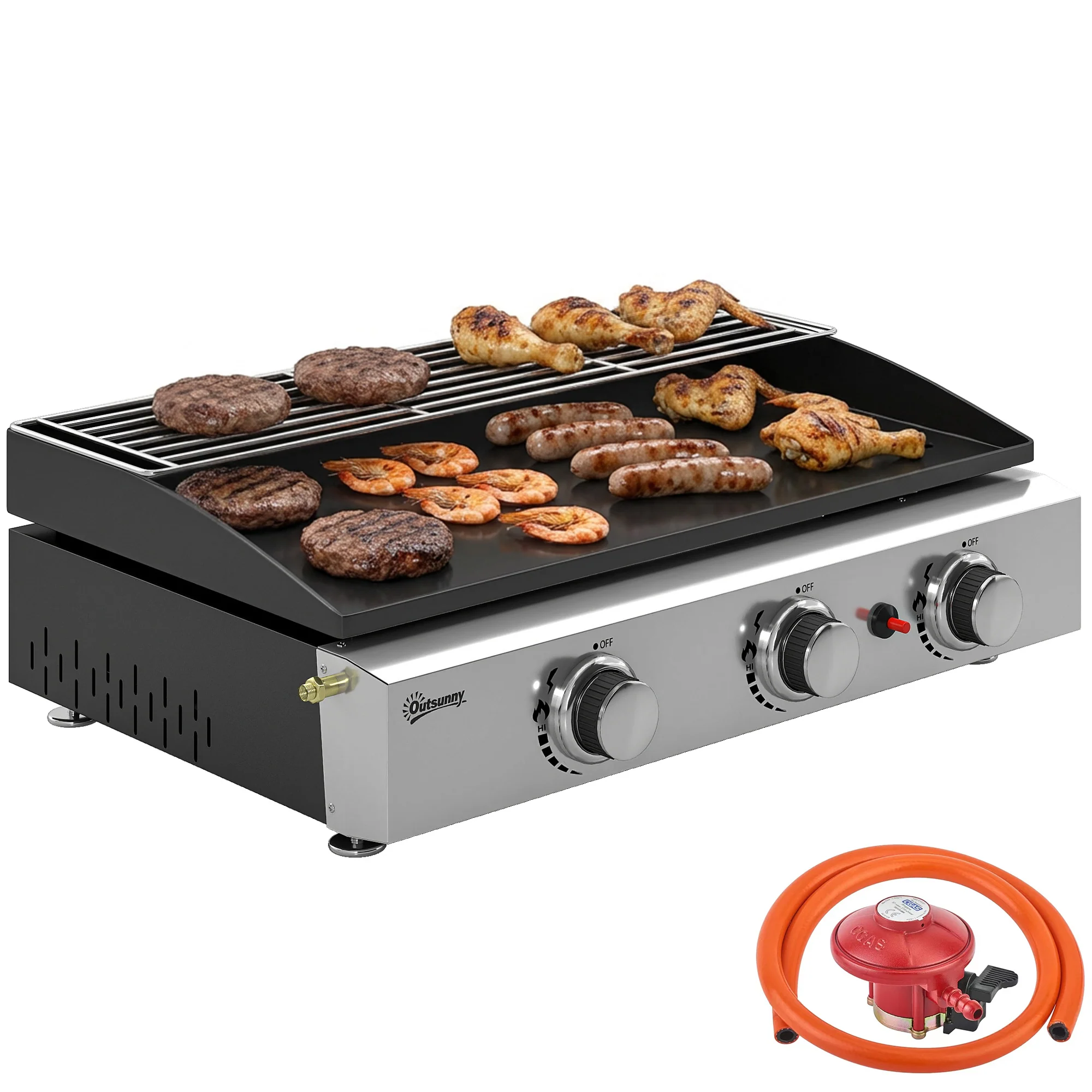 Outsunny 3 Burner Grill Griddle, Tabletop Gas BBQ With Grease Cup, Black