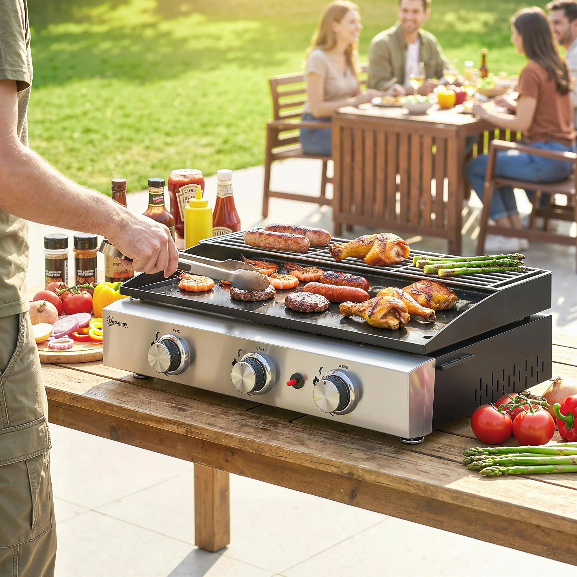 Outsunny 3 Burner Grill Griddle, Tabletop Gas BBQ With Grease Cup, Black - Image 2