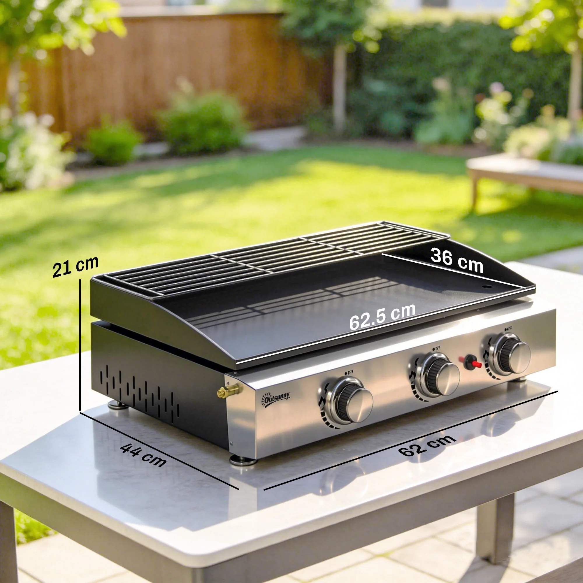 Outsunny 3 Burner Grill Griddle, Tabletop Gas BBQ With Grease Cup, Black - Image 3