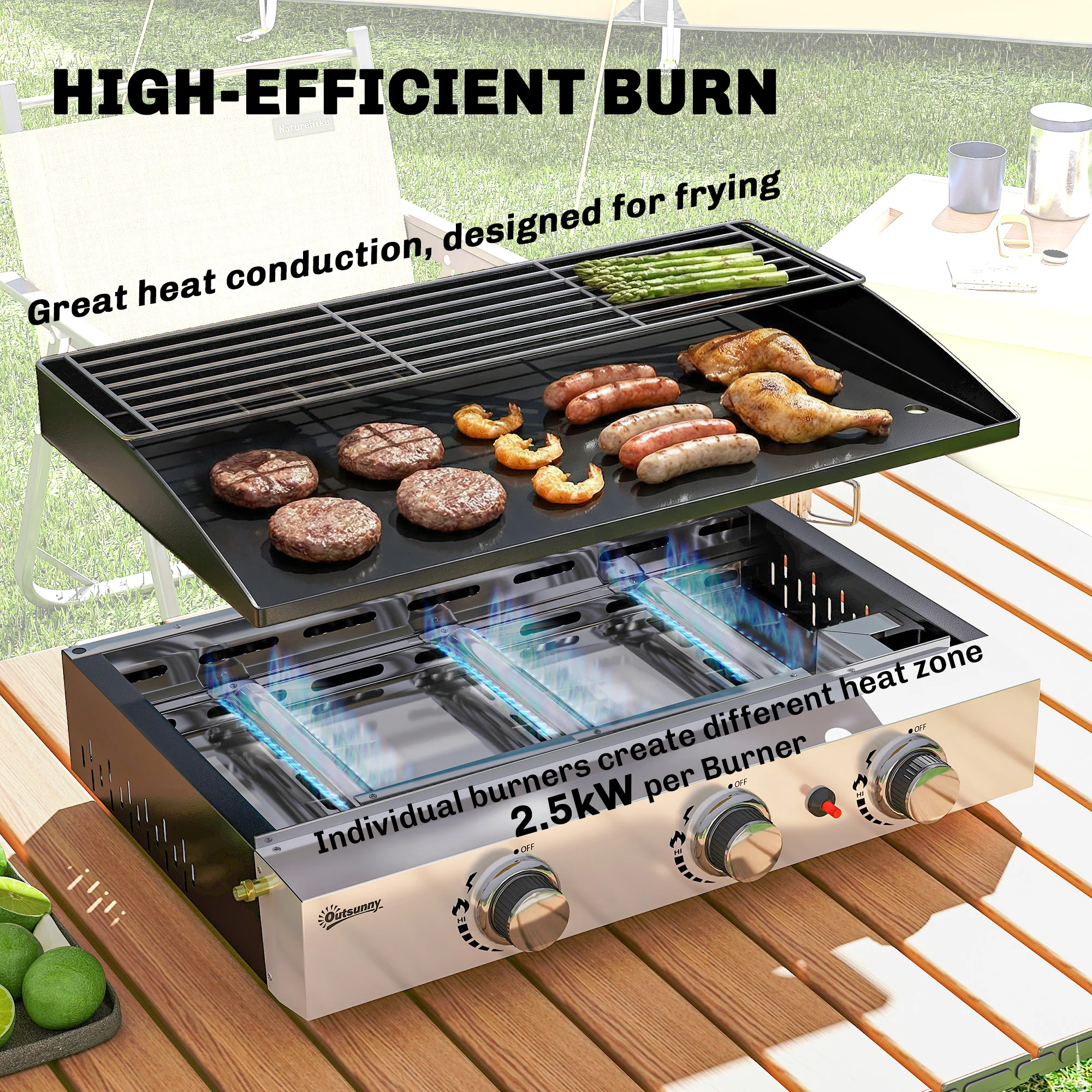 Outsunny 3 Burner Grill Griddle, Tabletop Gas BBQ With Grease Cup, Black - Image 4