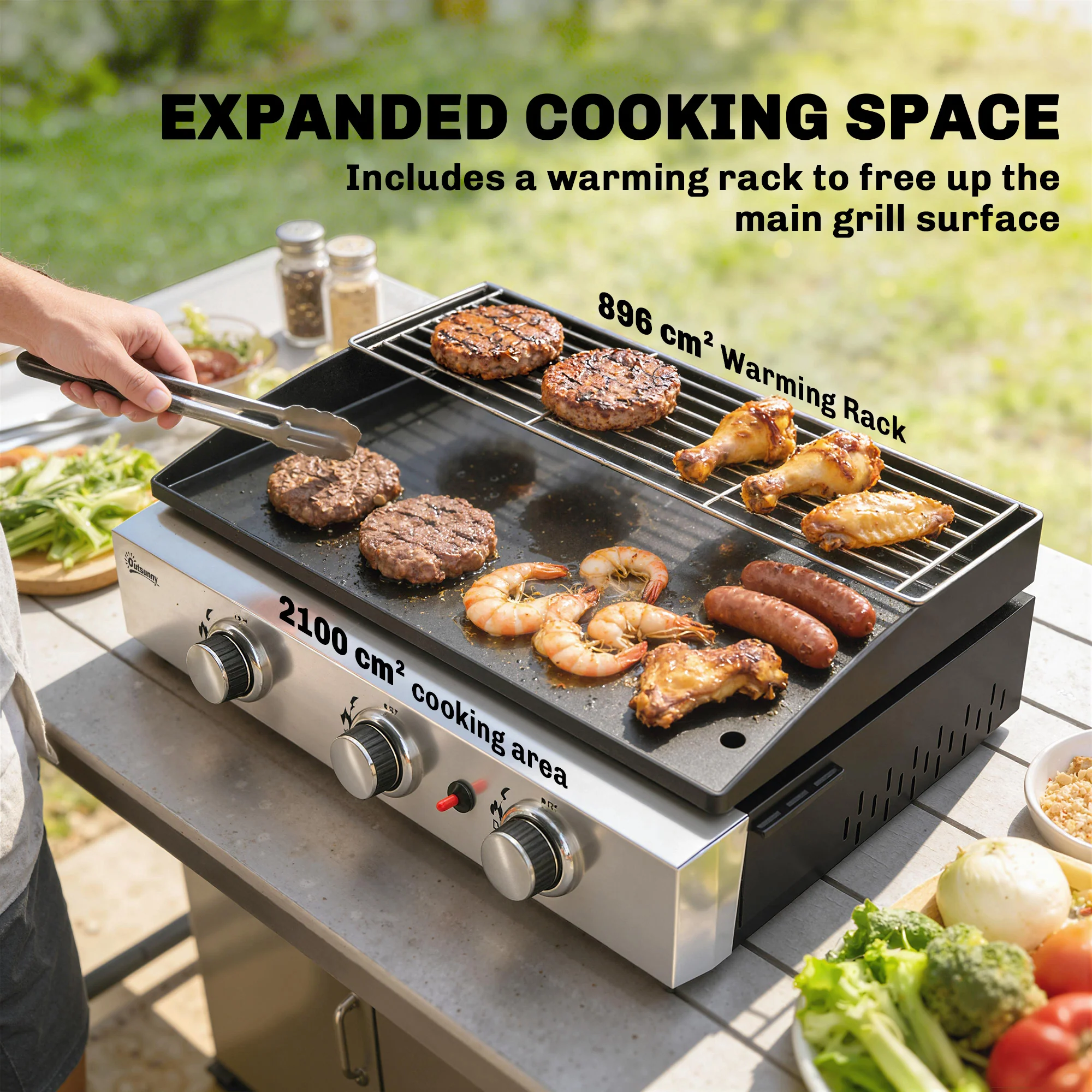 Outsunny 3 Burner Grill Griddle, Tabletop Gas BBQ With Grease Cup, Black - Image 5