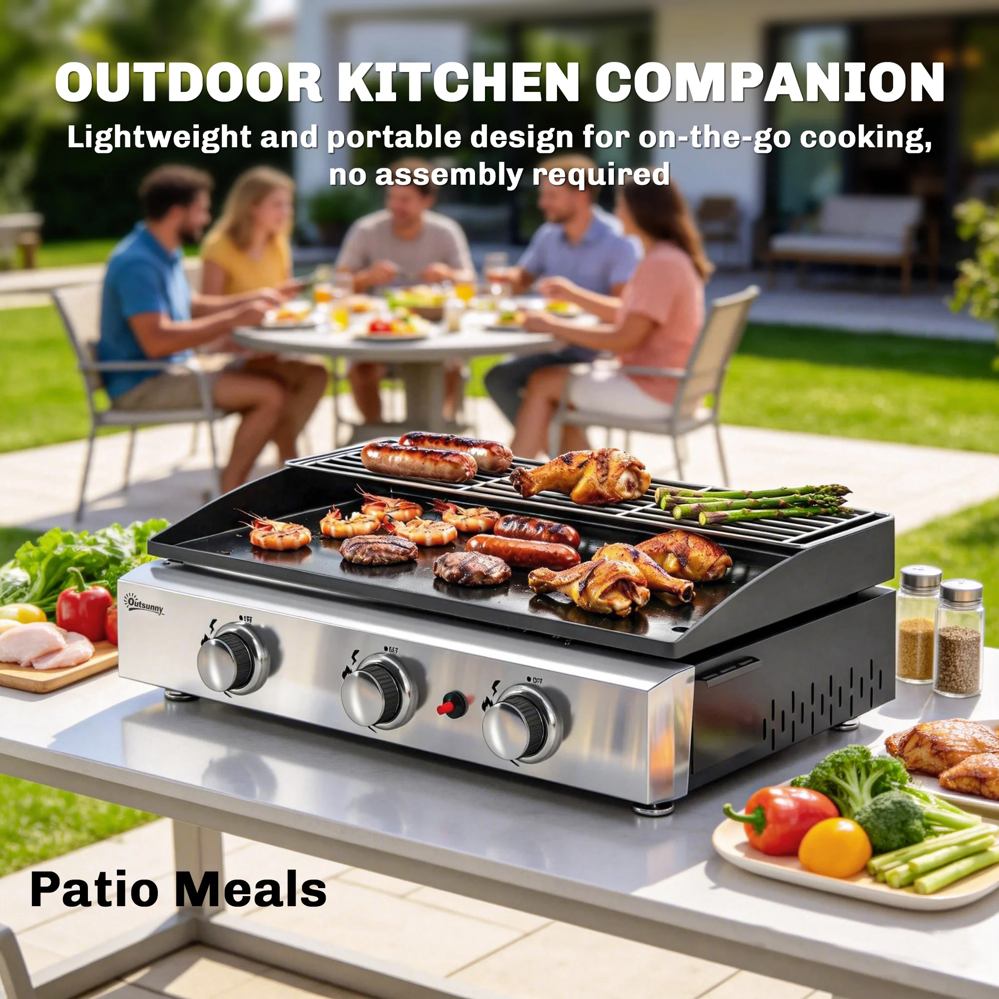 Outsunny 3 Burner Grill Griddle, Tabletop Gas BBQ With Grease Cup, Black - Image 7