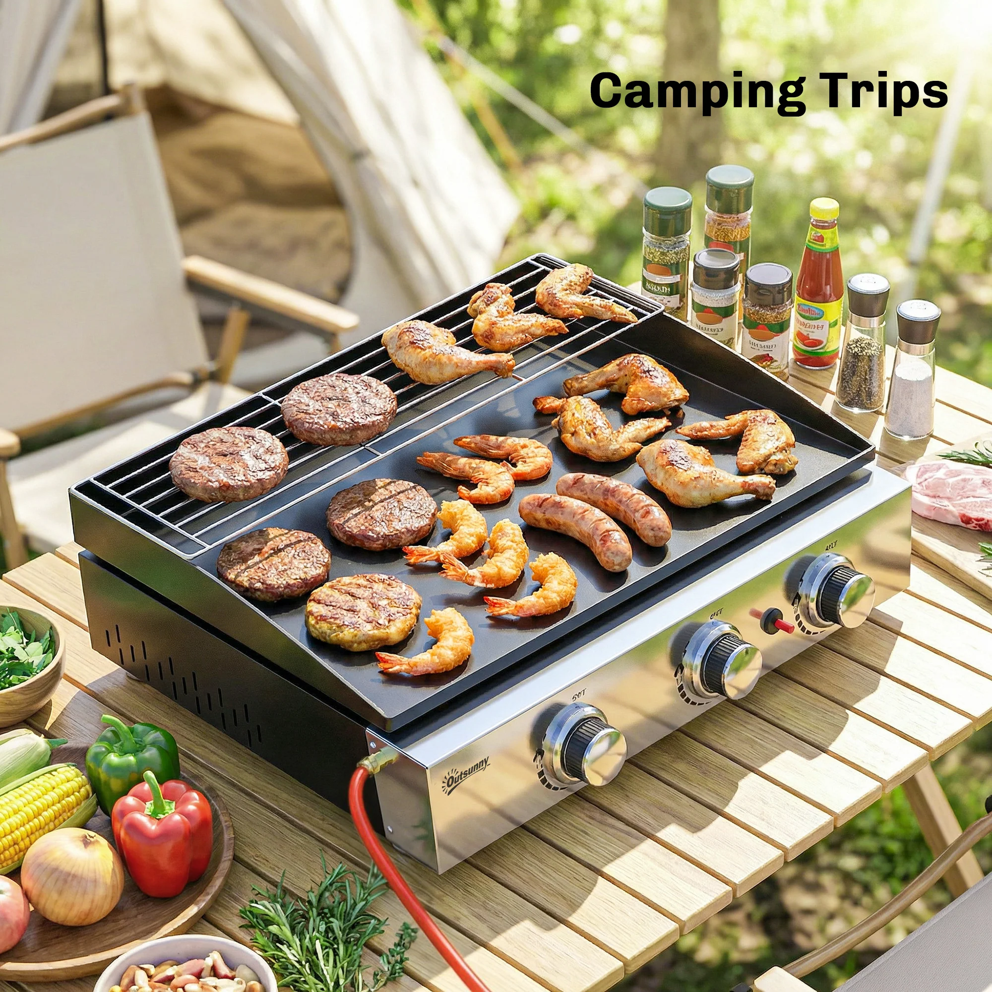 Outsunny 3 Burner Grill Griddle, Tabletop Gas BBQ With Grease Cup, Black - Image 8
